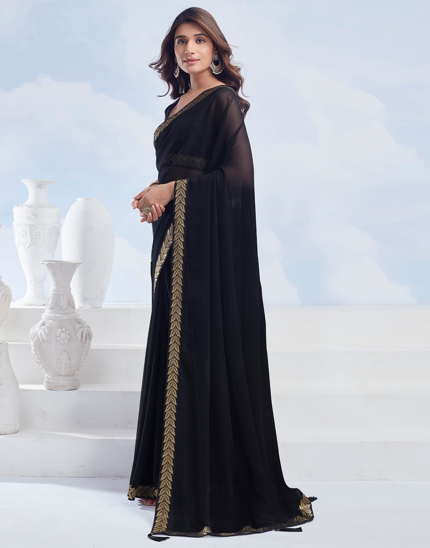 Black Plain Georgette Saree