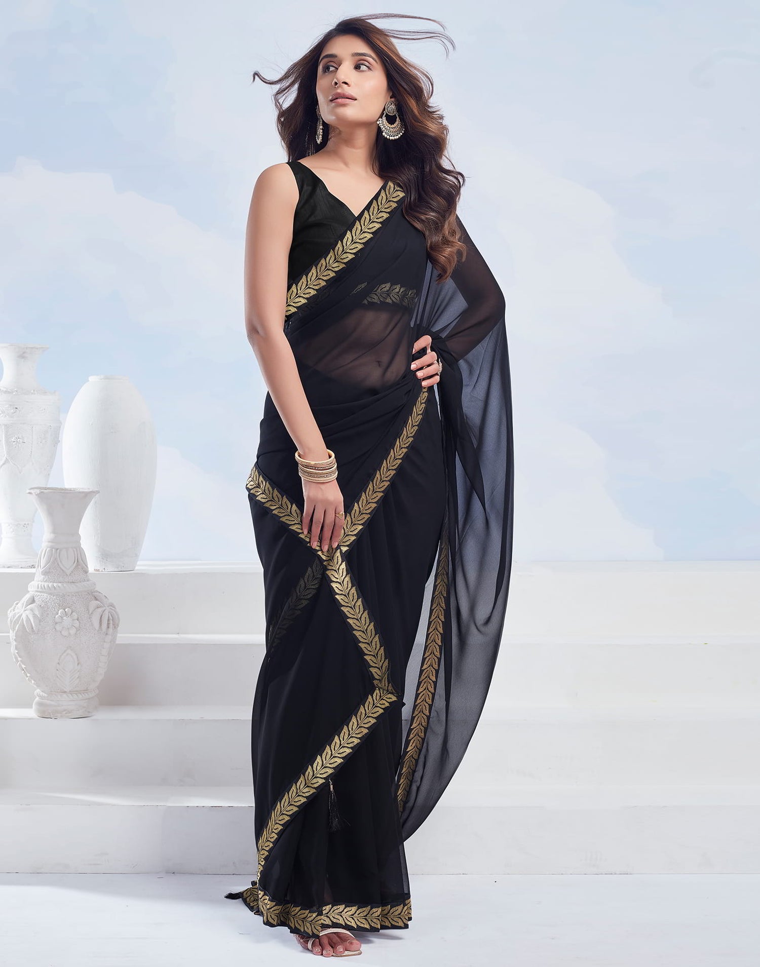 Black Plain Georgette Saree