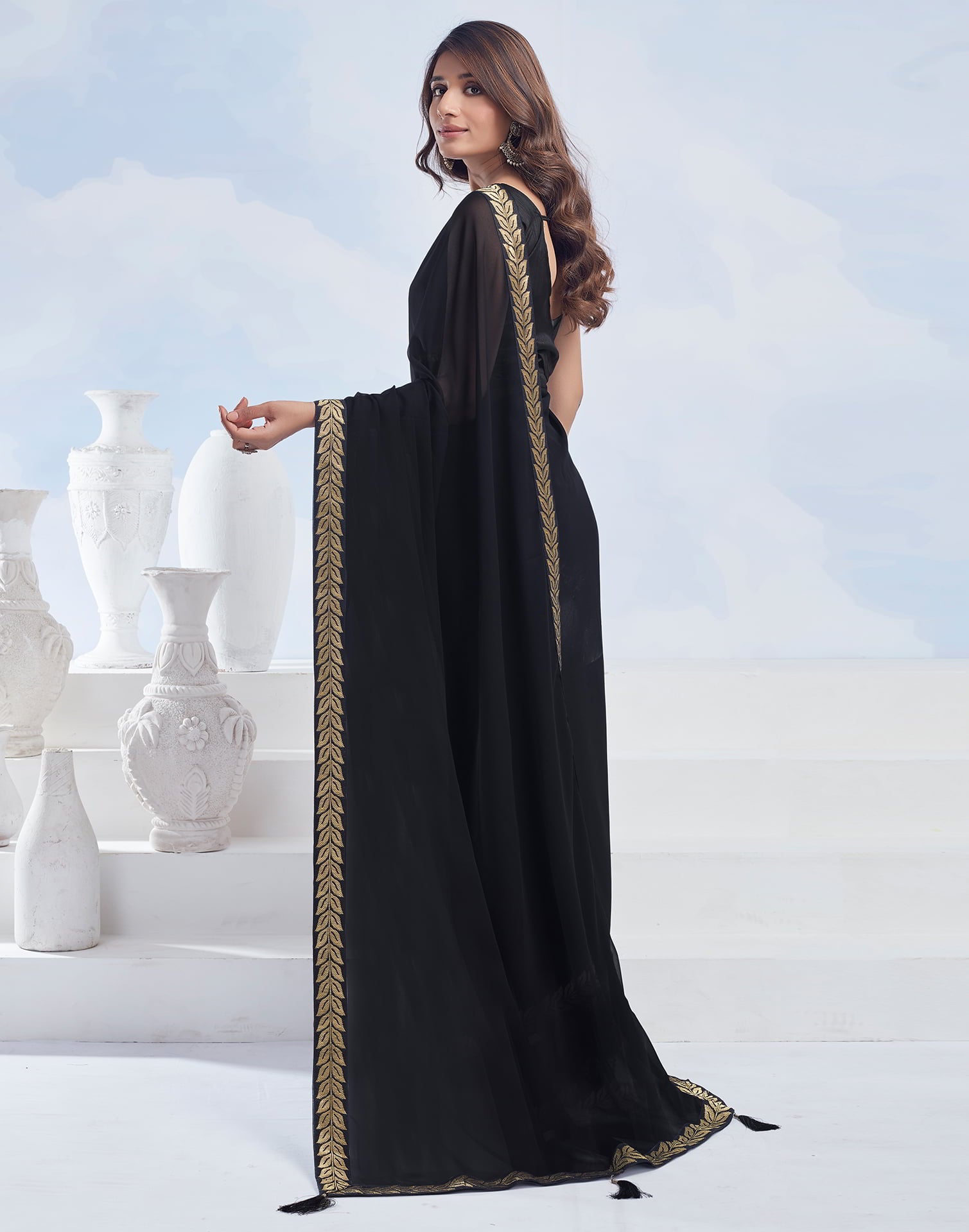 Black Plain Georgette Saree