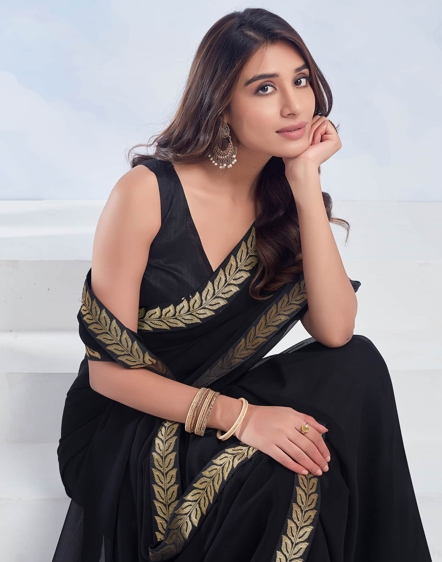 Black Plain Georgette Saree