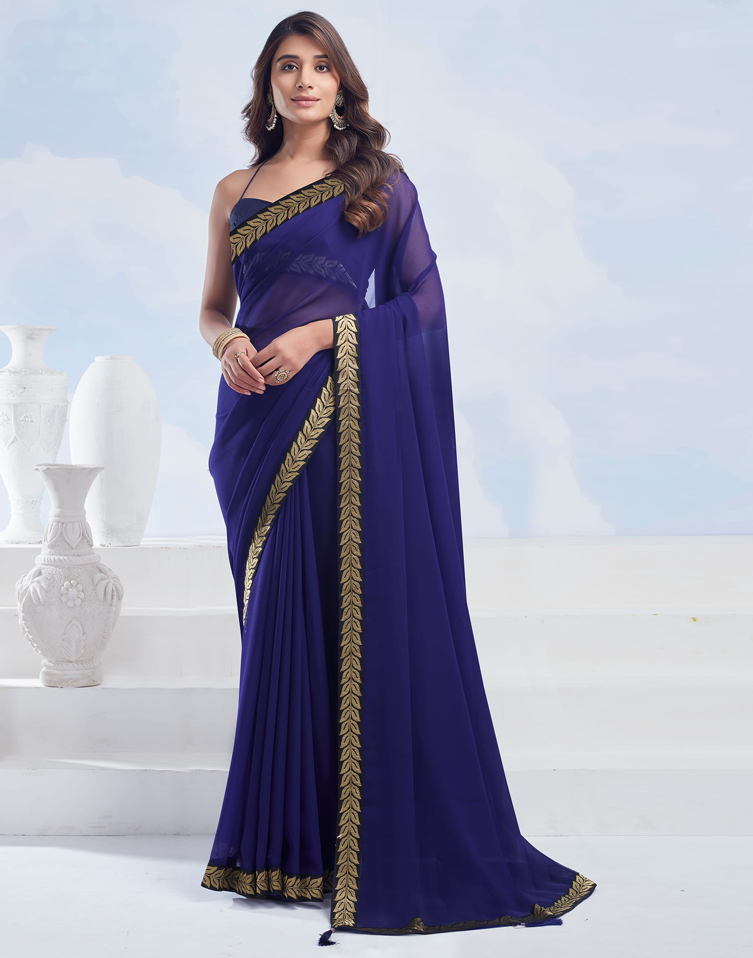 Blue Plain Georgette Saree