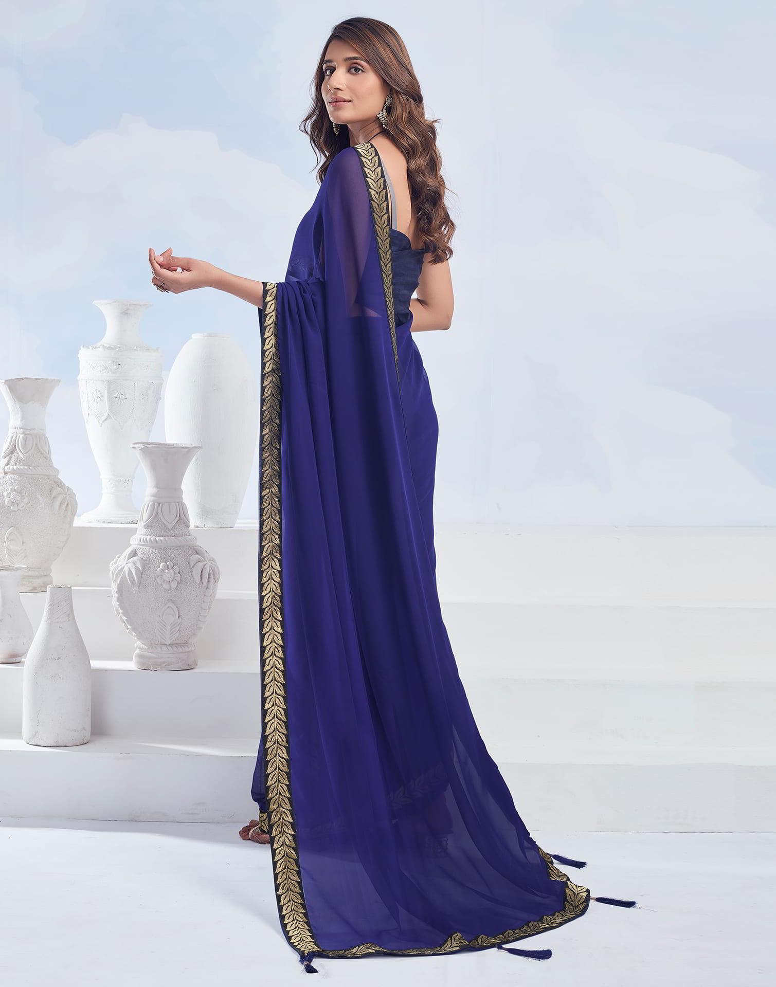 Blue Plain Georgette Saree