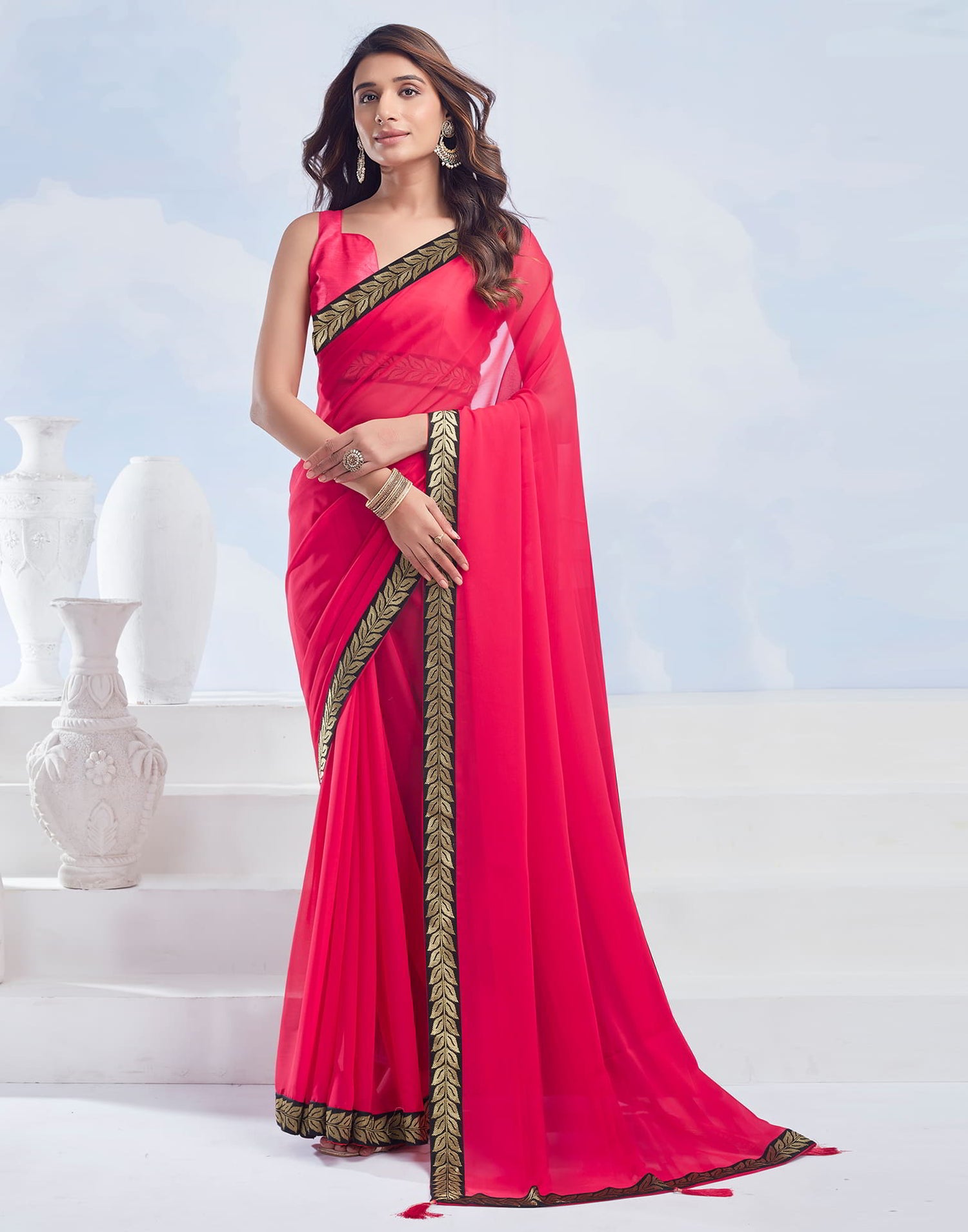 Red Plain Georgette Saree