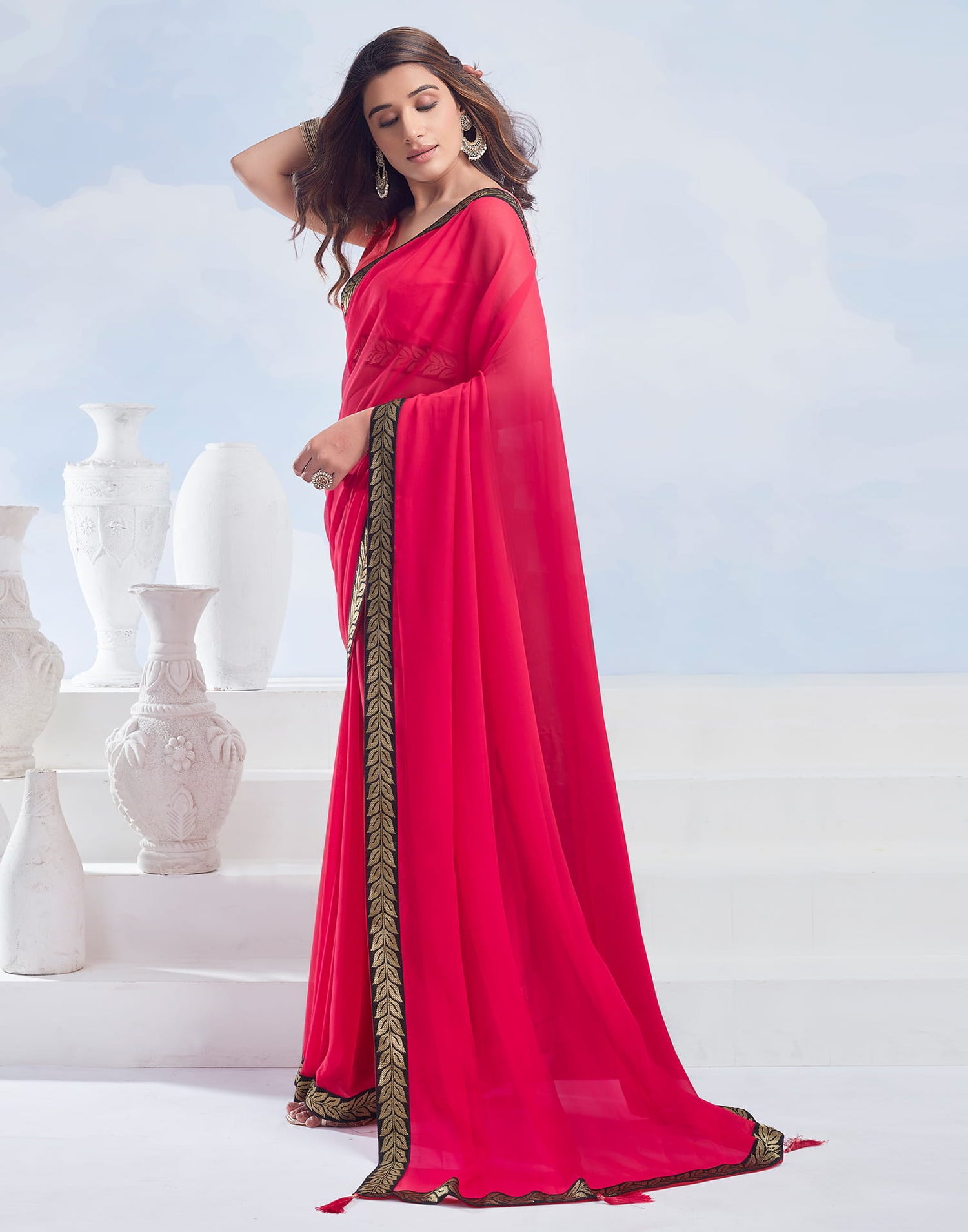 Red Plain Georgette Saree