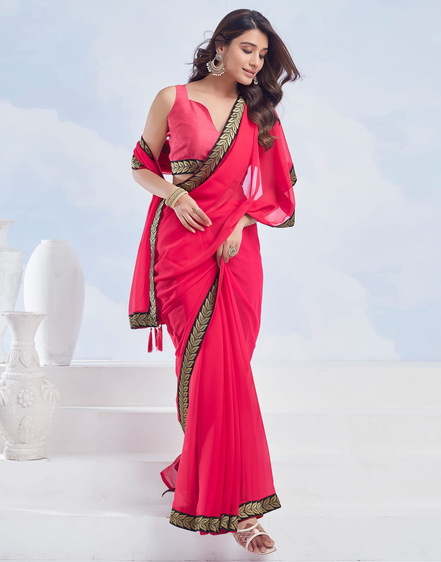 Red Plain Georgette Saree