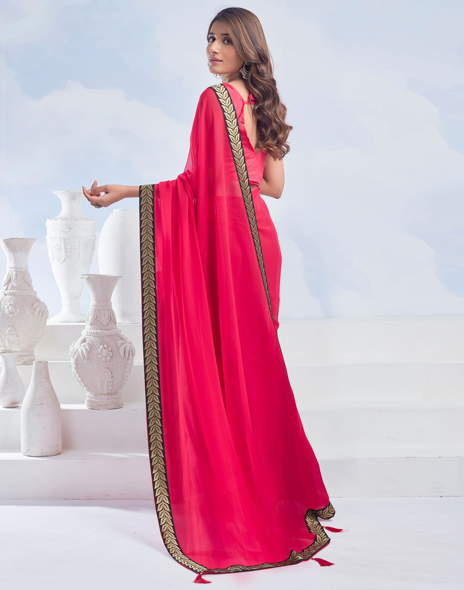 Red Plain Georgette Saree