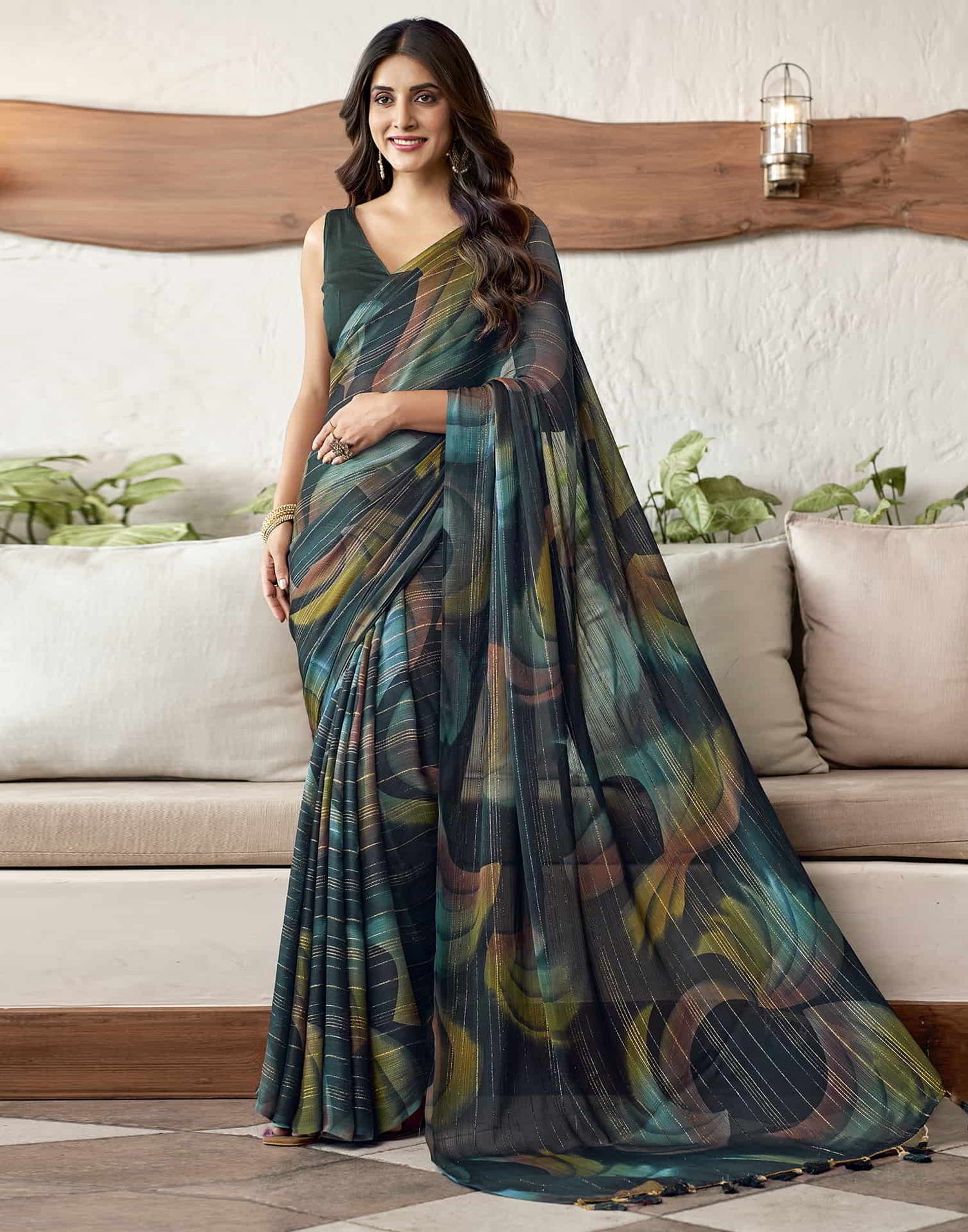 Green Printed Georgette Woven Saree