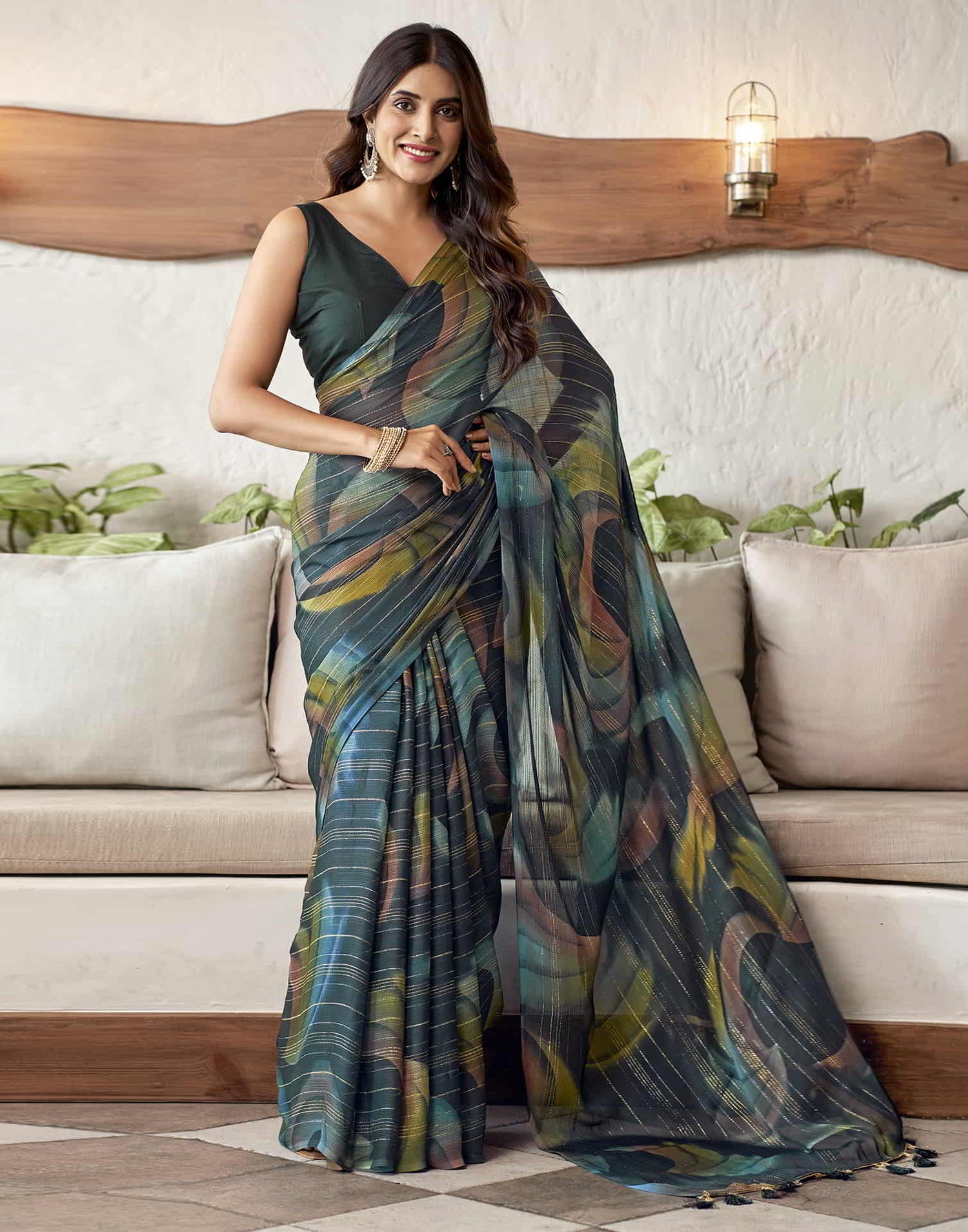 Green Printed Georgette Woven Saree