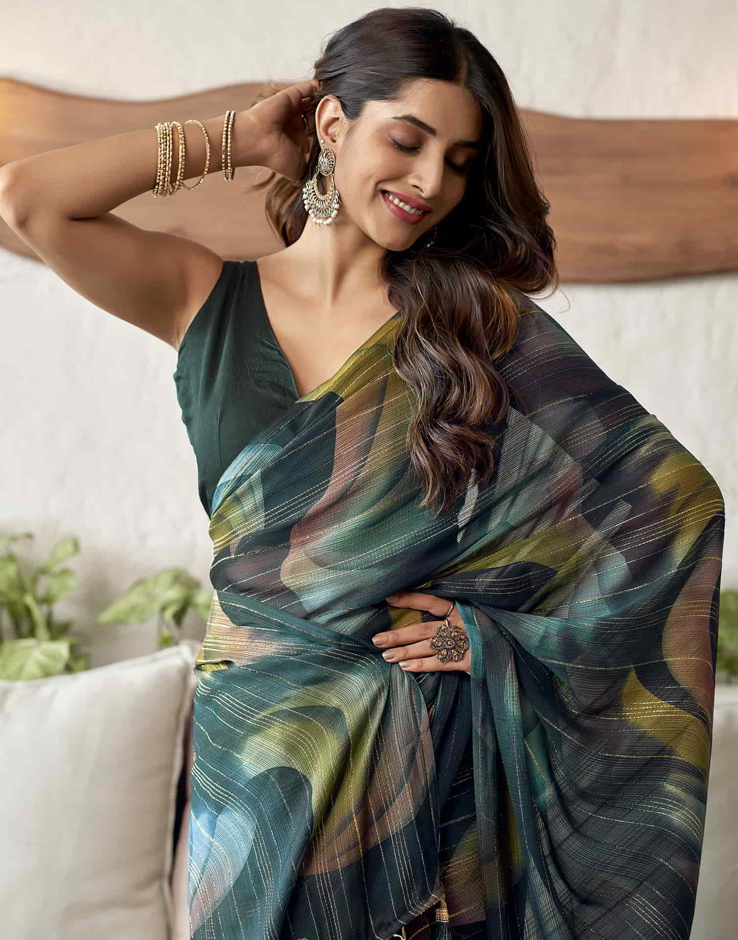 Green Printed Georgette Woven Saree