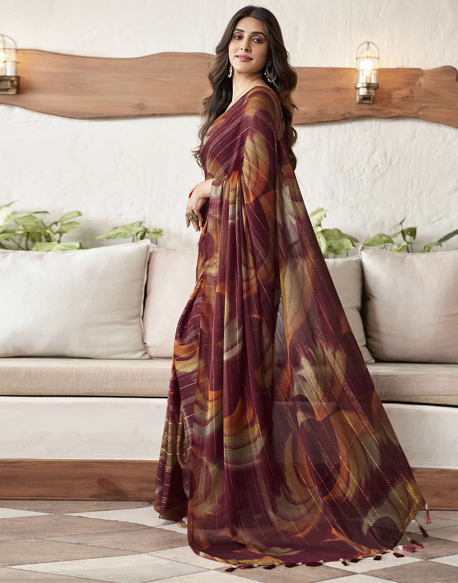 Maroon Printed Georgette Woven Saree