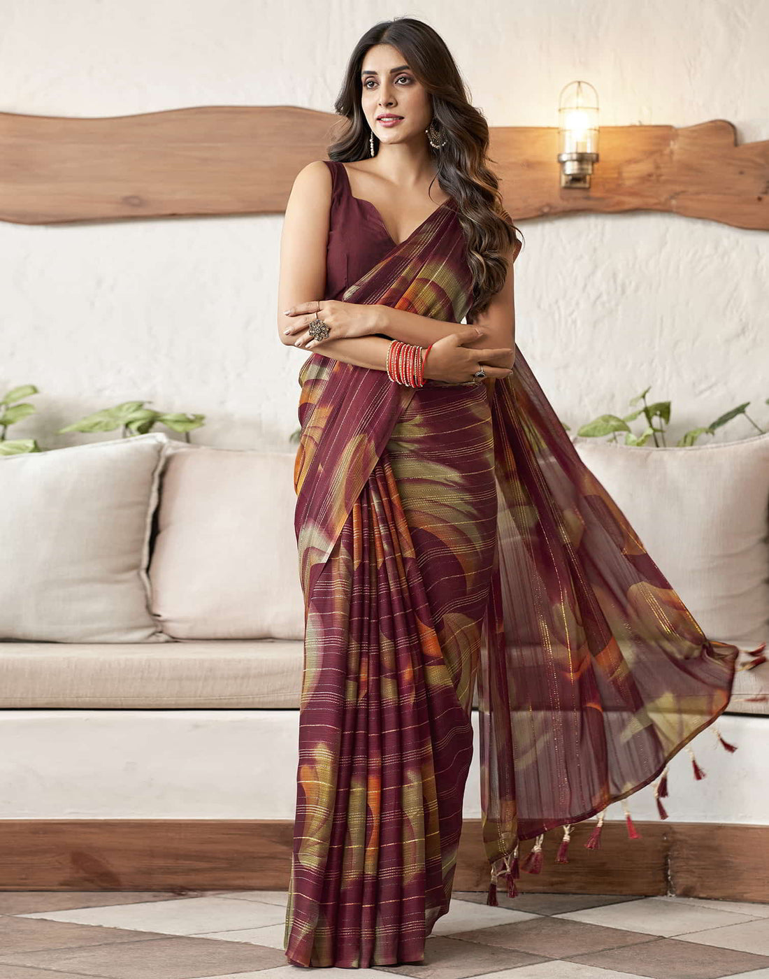 Maroon Printed Georgette Woven Saree