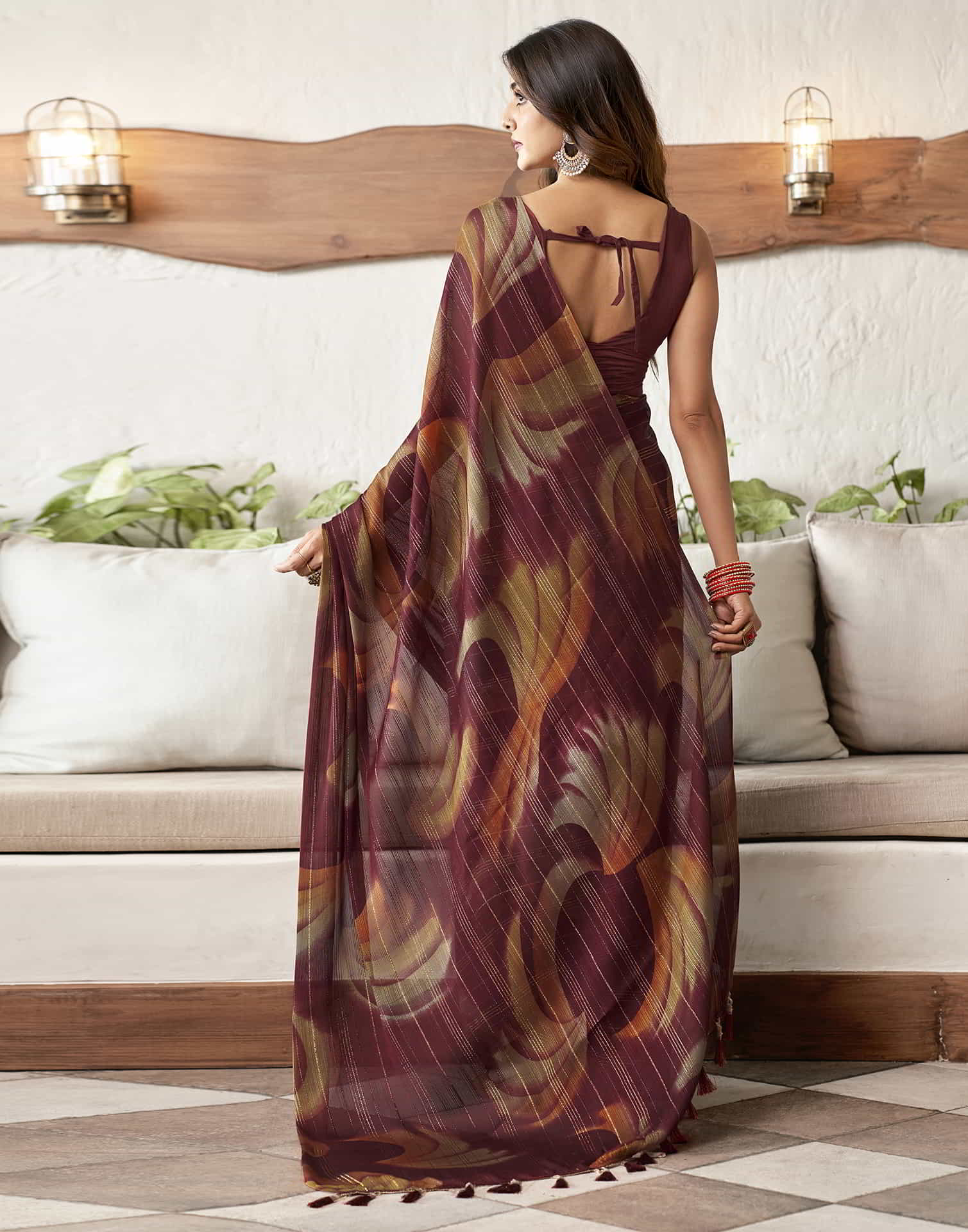 Maroon Printed Georgette Woven Saree