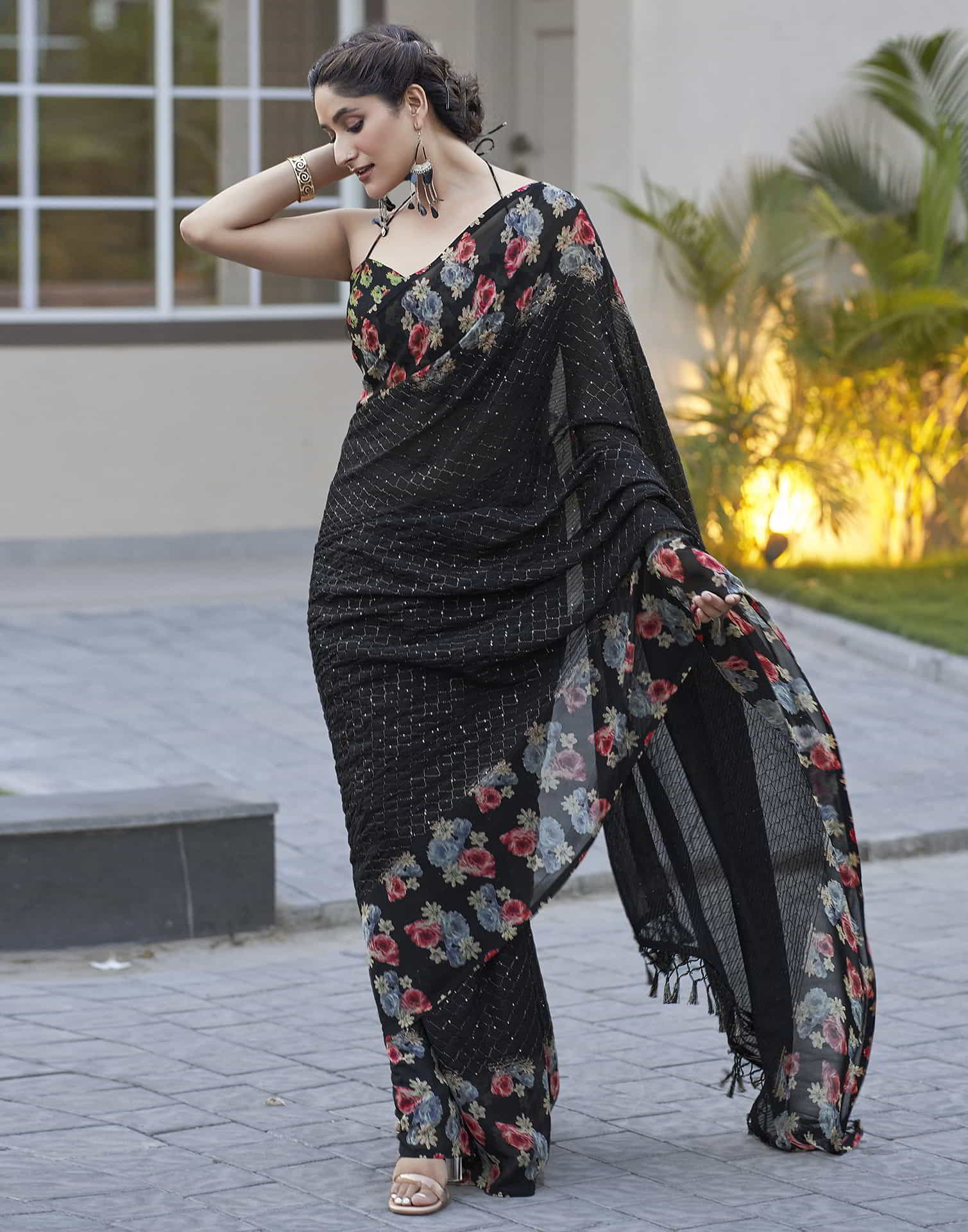 Black Sequence Georgette Floral Saree