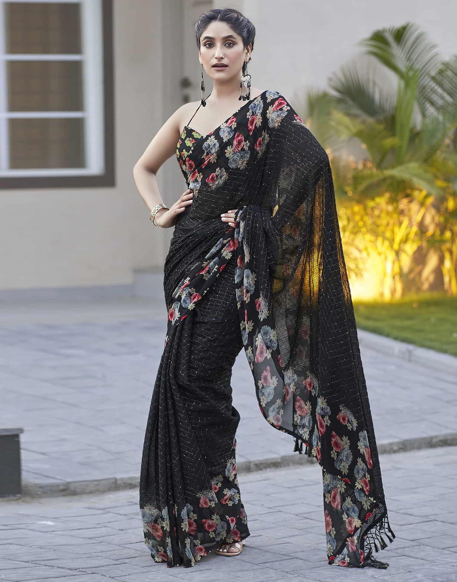 Black Sequence Georgette Floral Saree