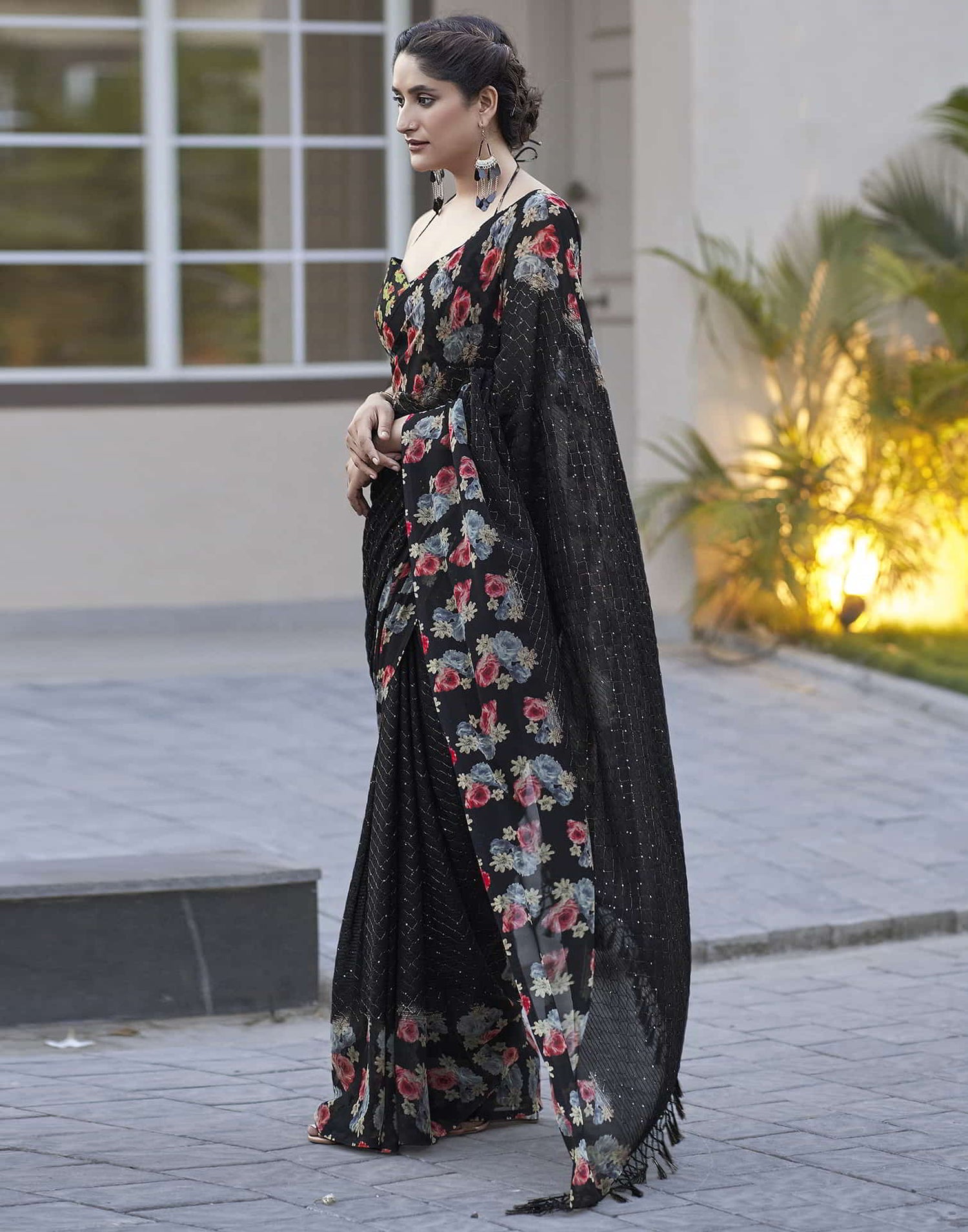 Black Sequence Georgette Floral Saree