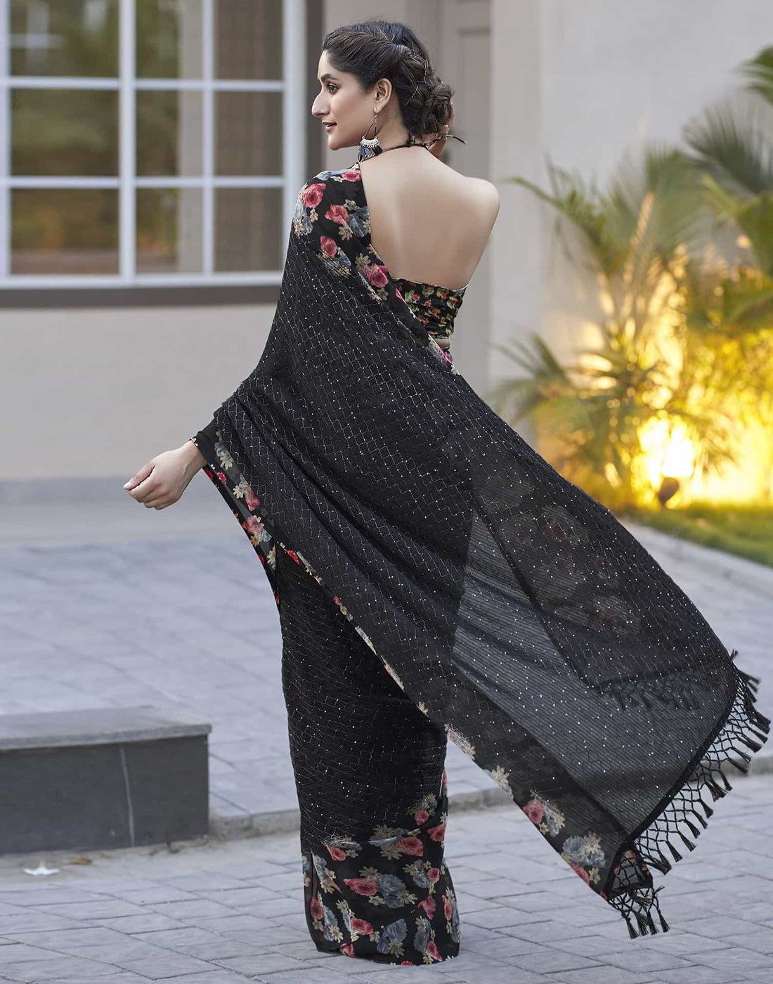 Black Sequence Georgette Floral Saree