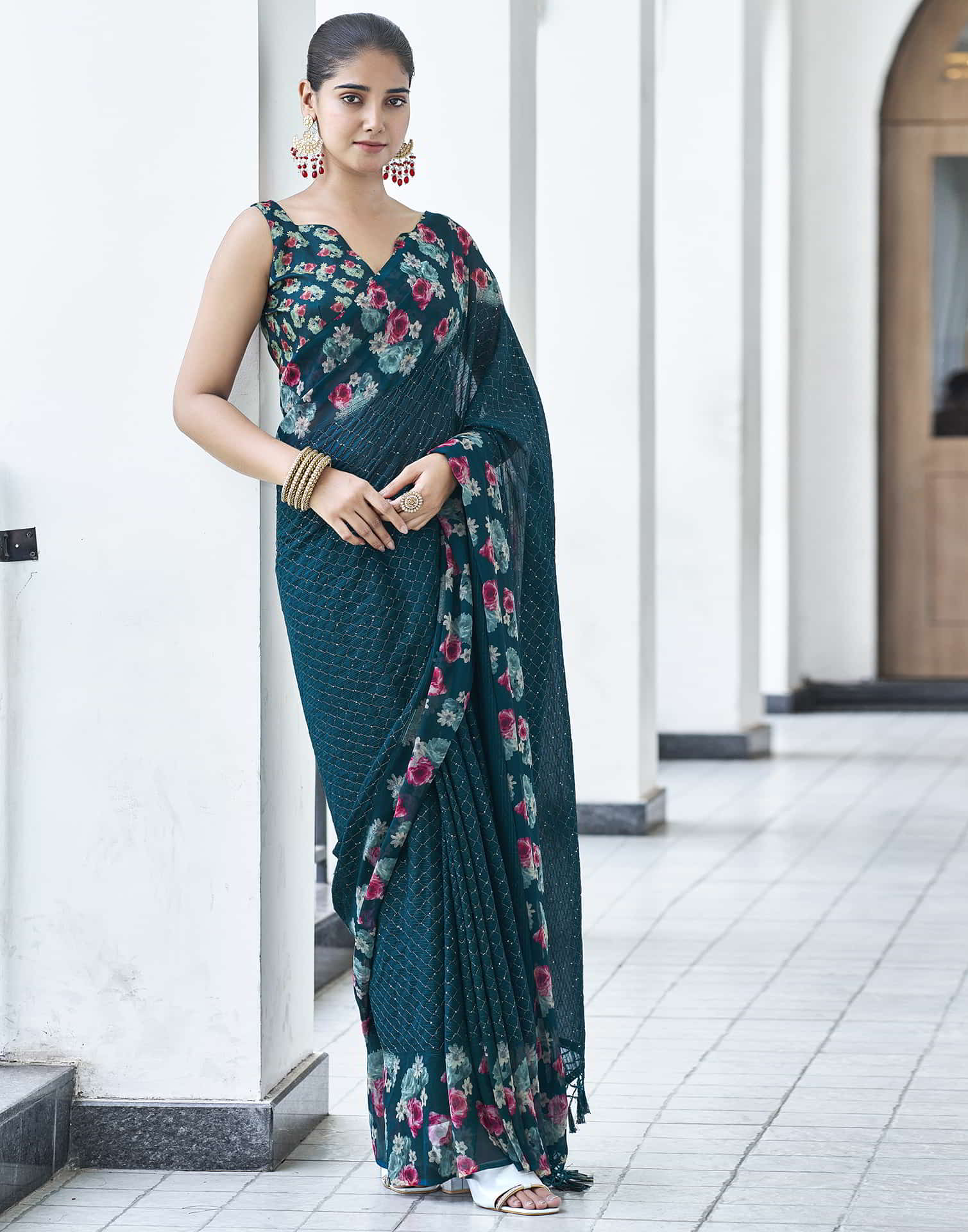 Blue Sequence Georgette Floral Saree