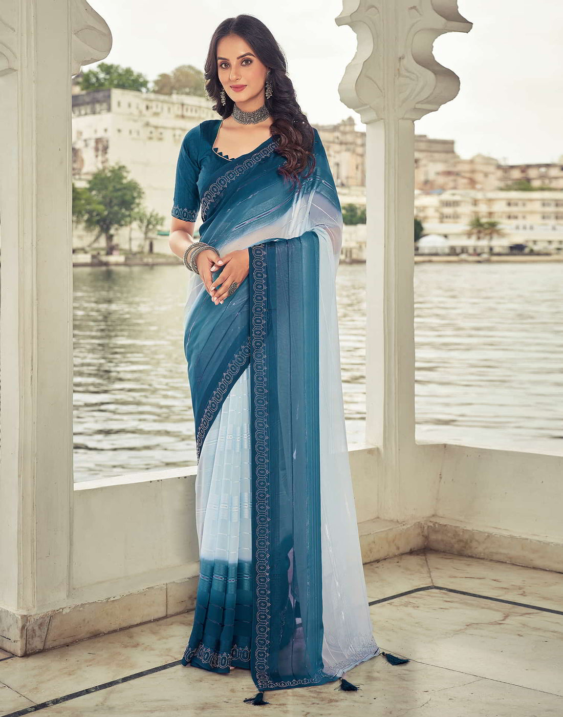 Blue Swarovski Georgette Stone Work Saree