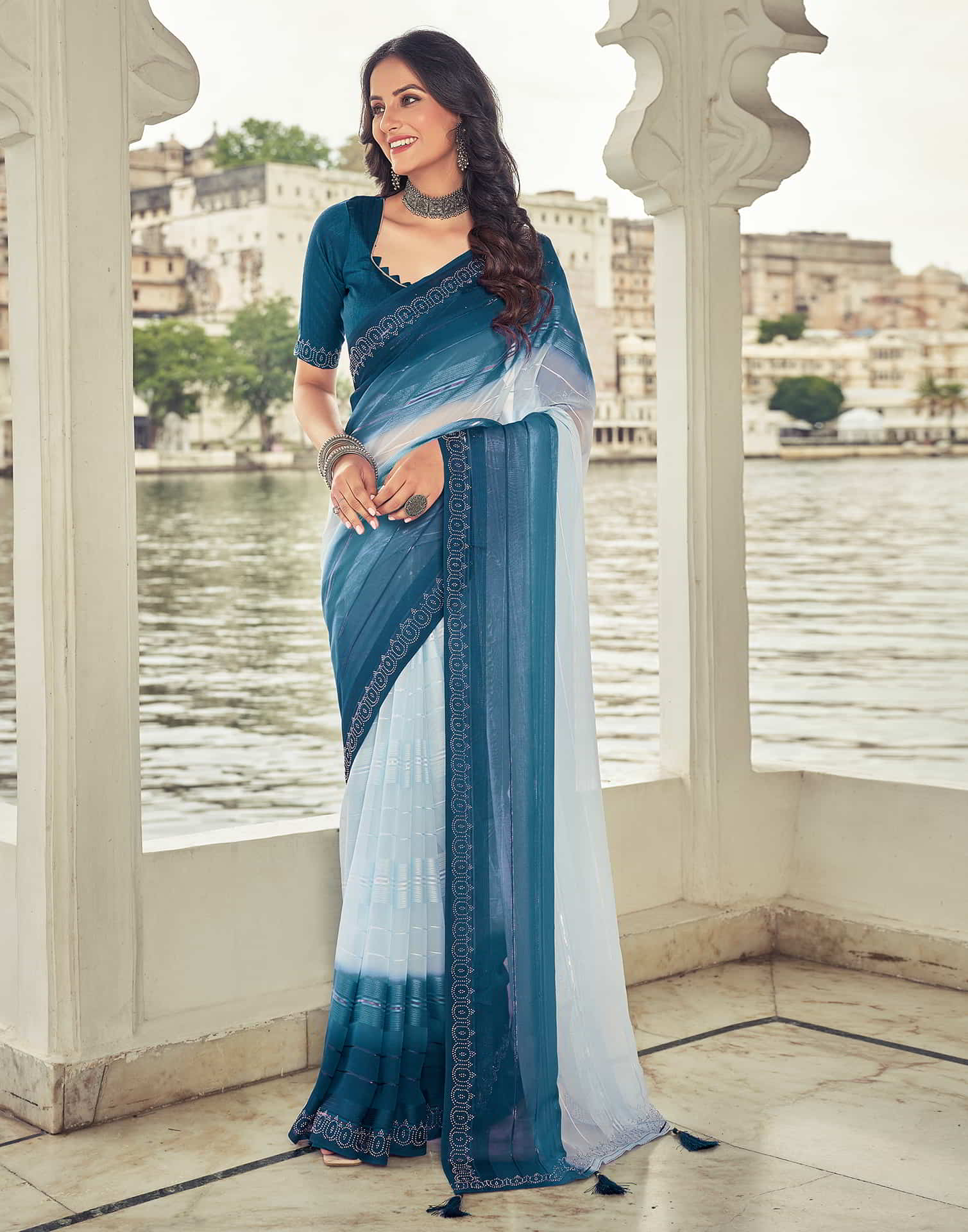 Blue Swarovski Georgette Stone Work Saree