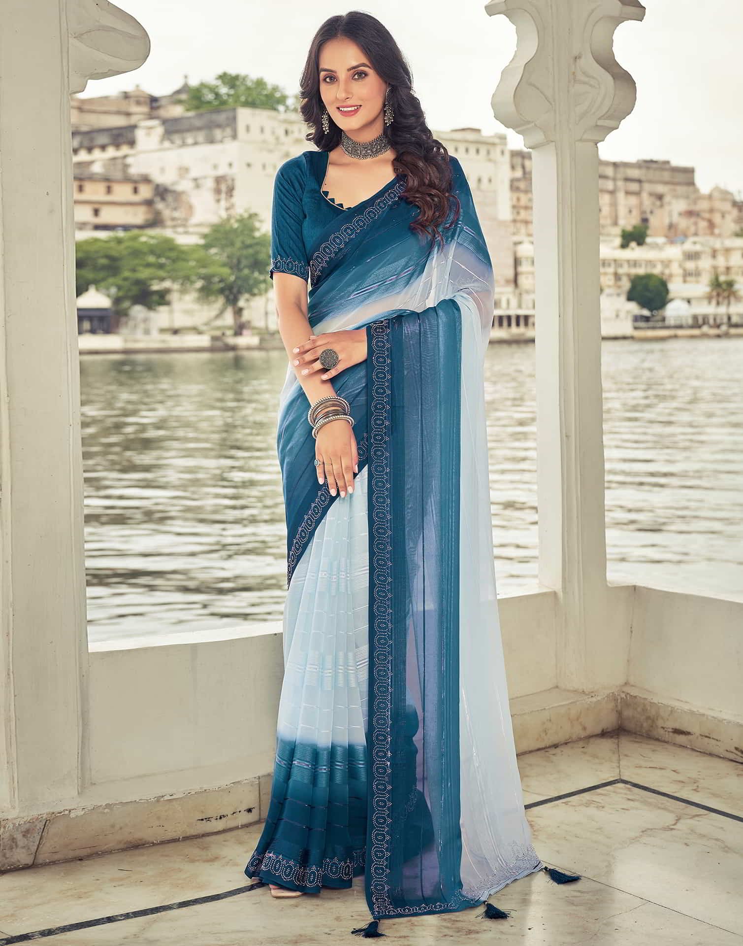 Blue Swarovski Georgette Stone Work Saree