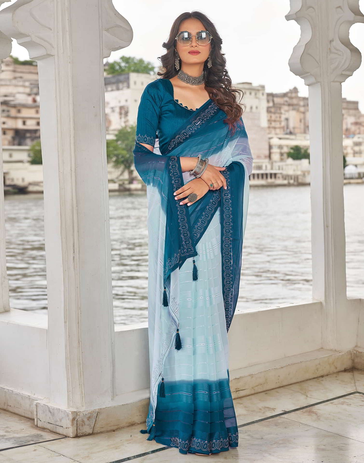 Blue Swarovski Georgette Stone Work Saree