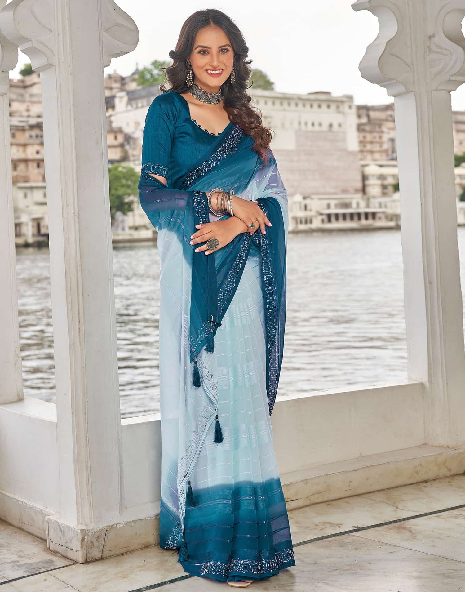 Blue Swarovski Georgette Stone Work Saree