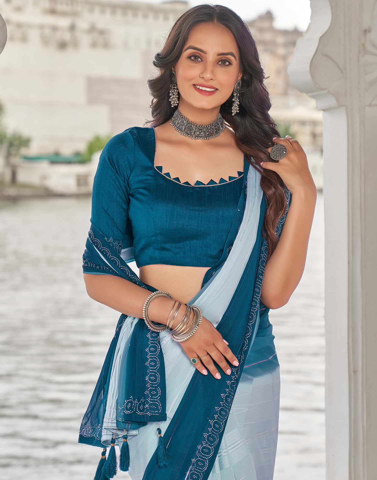 Blue Swarovski Georgette Stone Work Saree