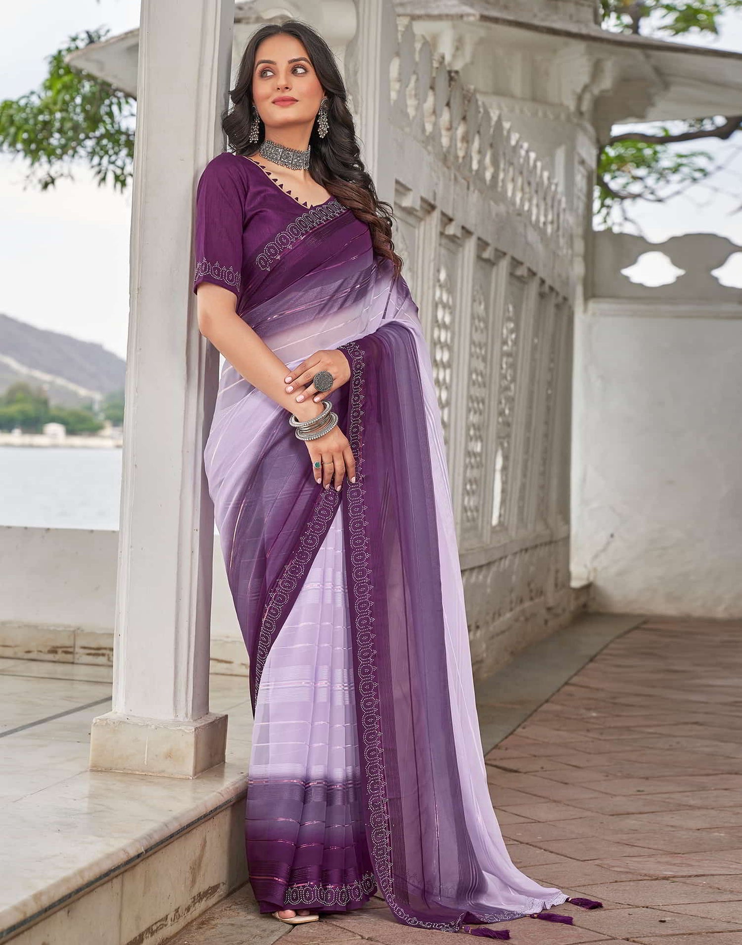 Purple Swarovski Georgette Stone Work Saree