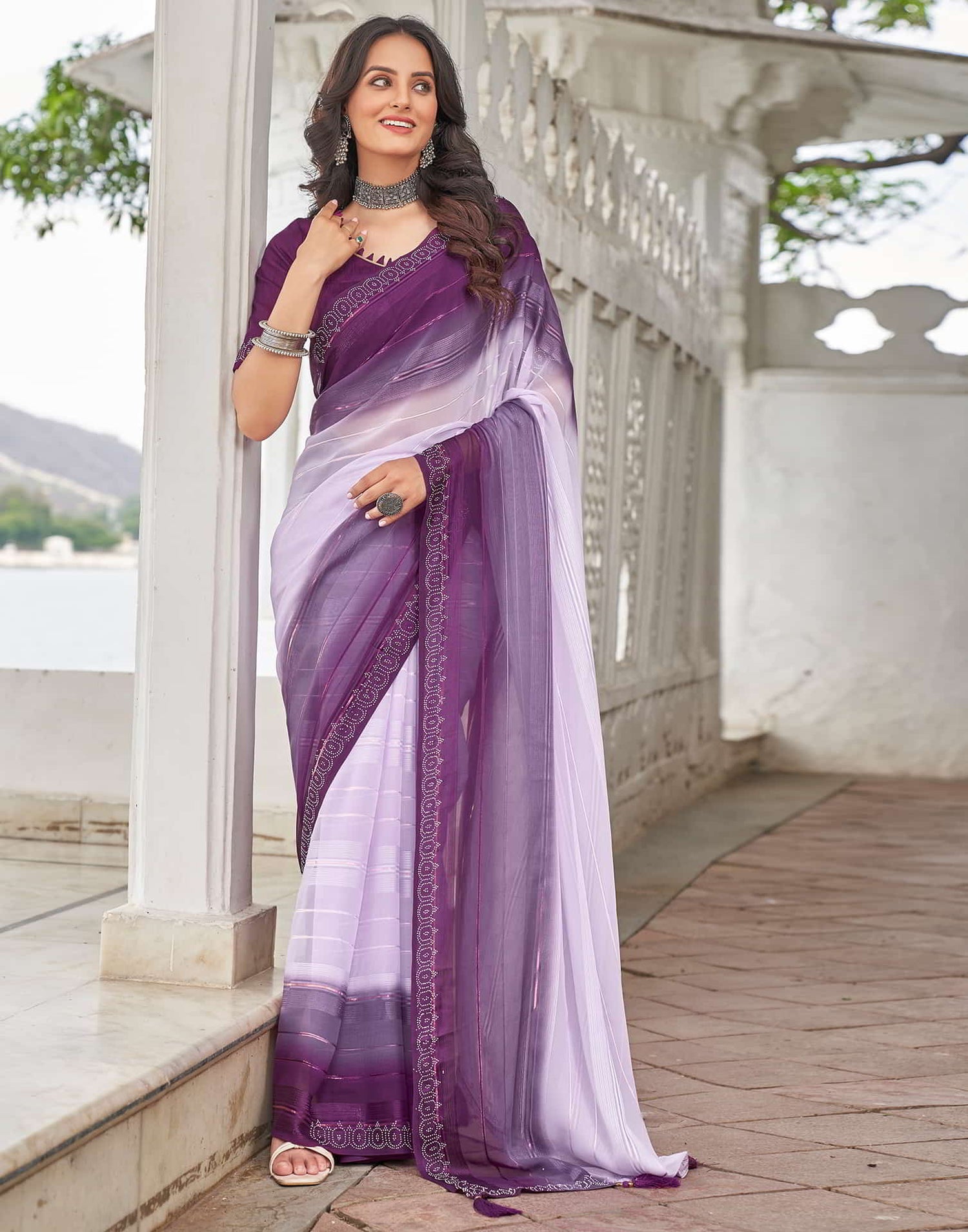 Purple Swarovski Georgette Stone Work Saree