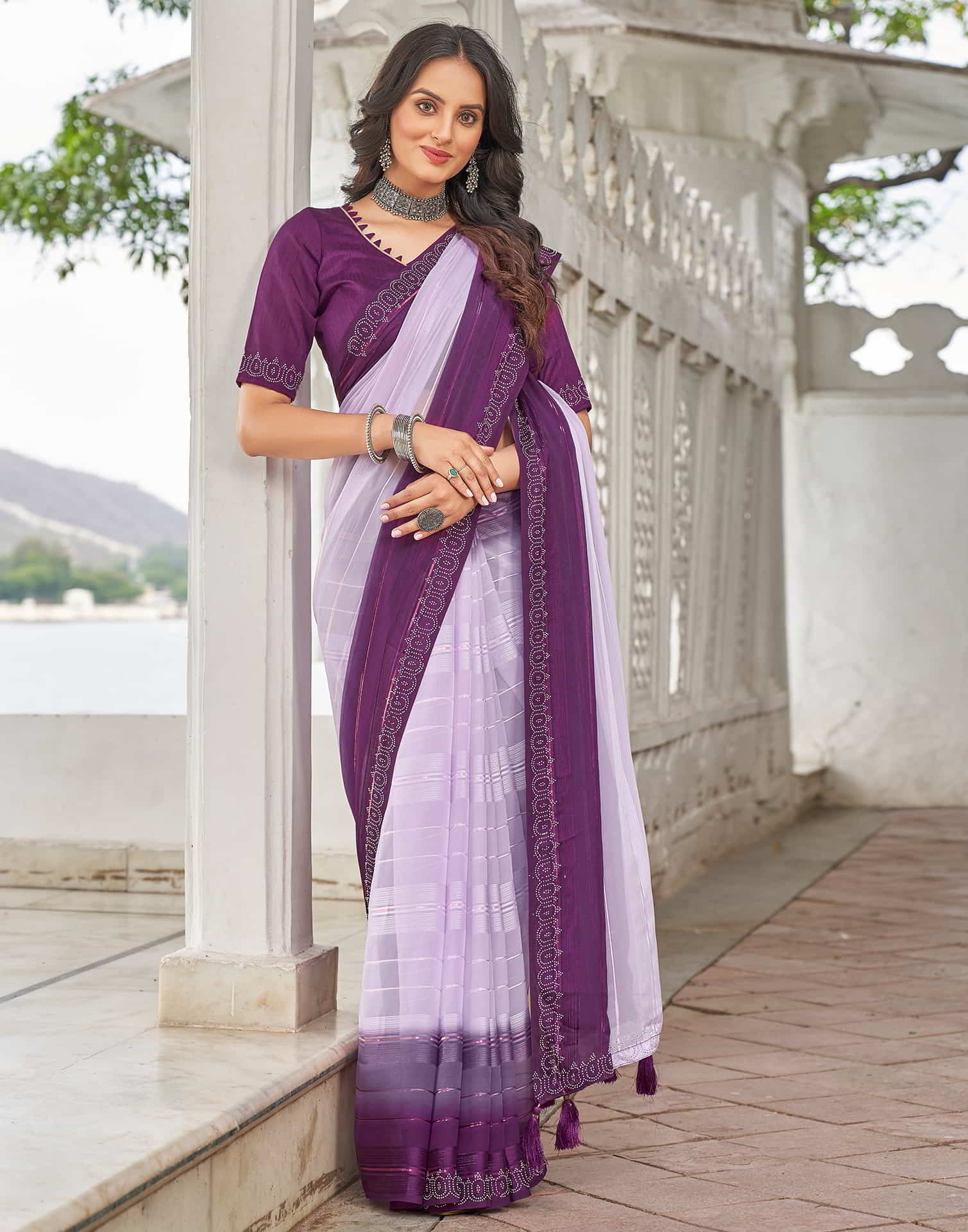 Purple Swarovski Georgette Stone Work Saree