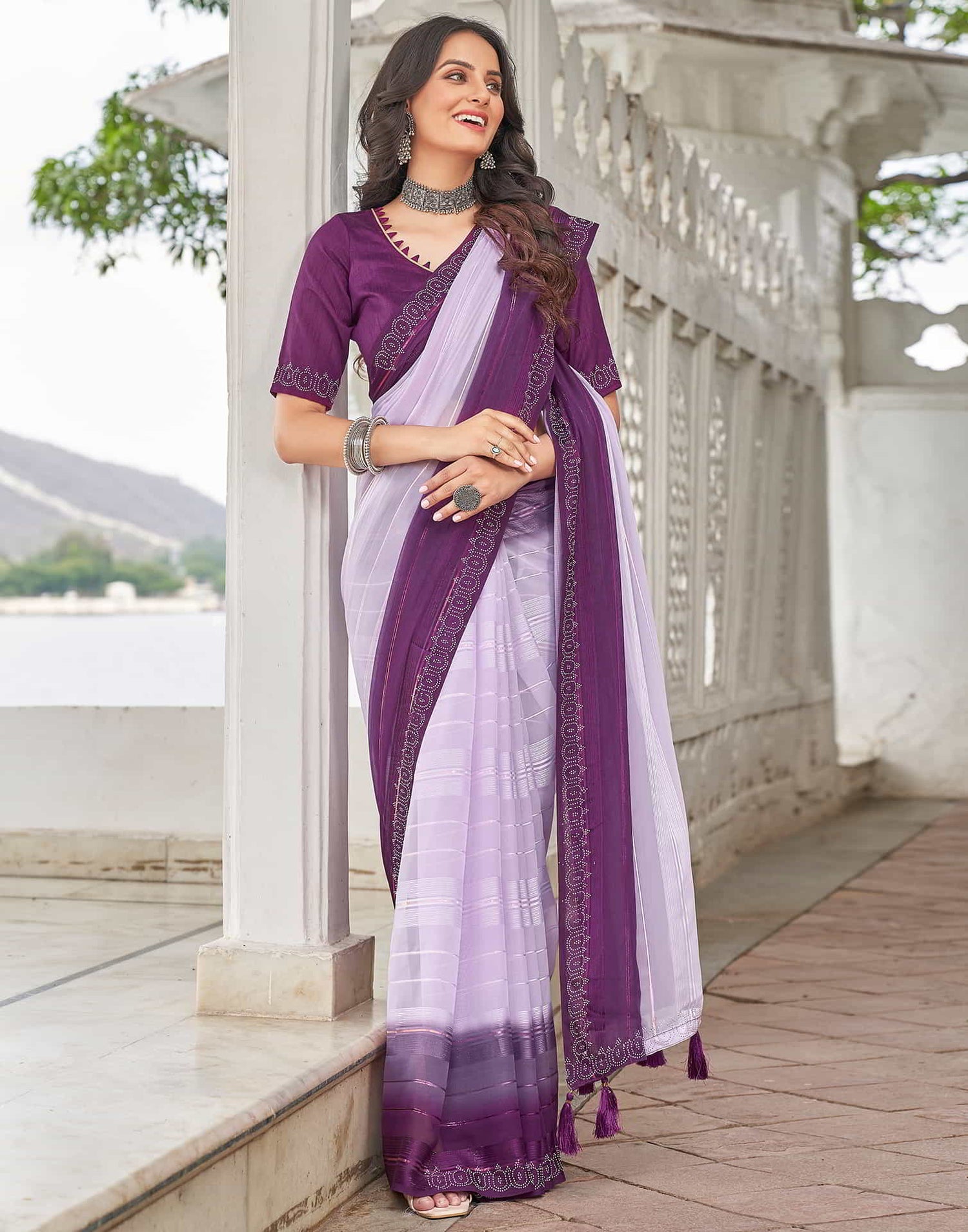 Purple Swarovski Georgette Stone Work Saree