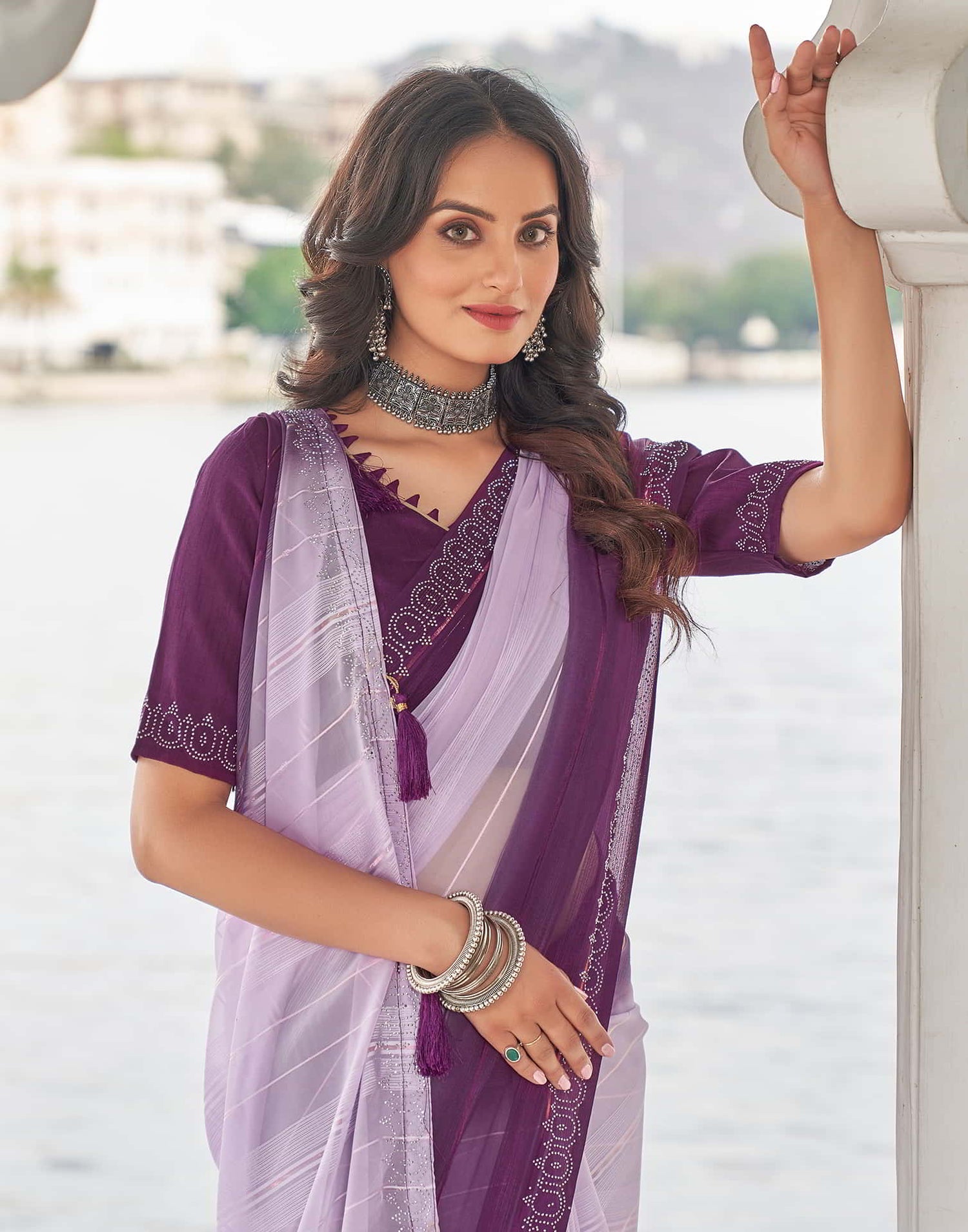 Purple Swarovski Georgette Stone Work Saree