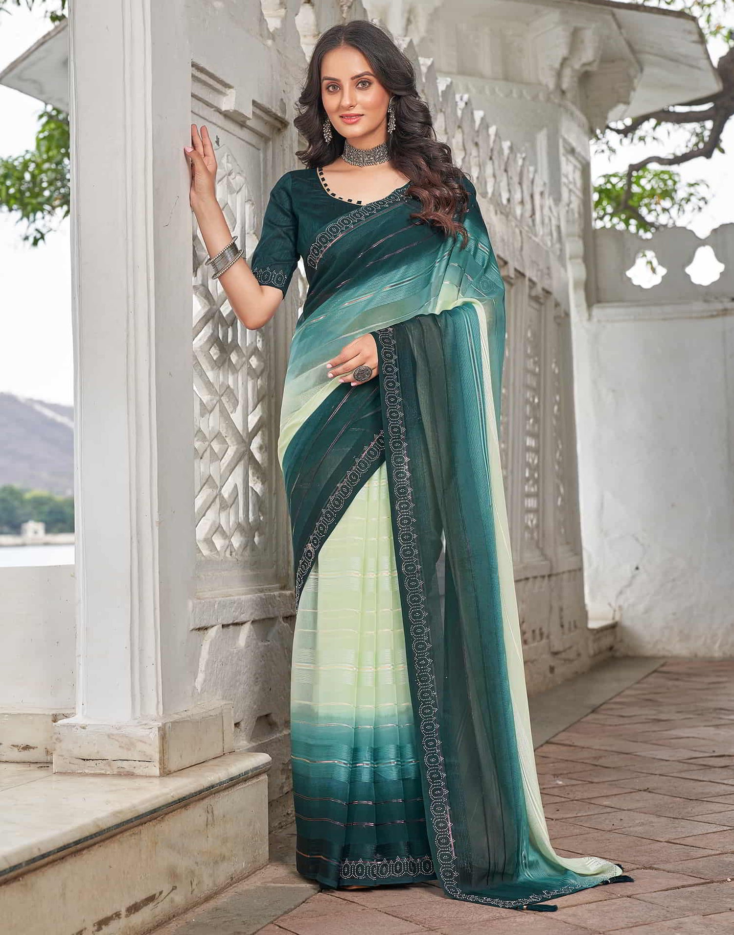 Green Swarovski Georgette Stone Work Saree