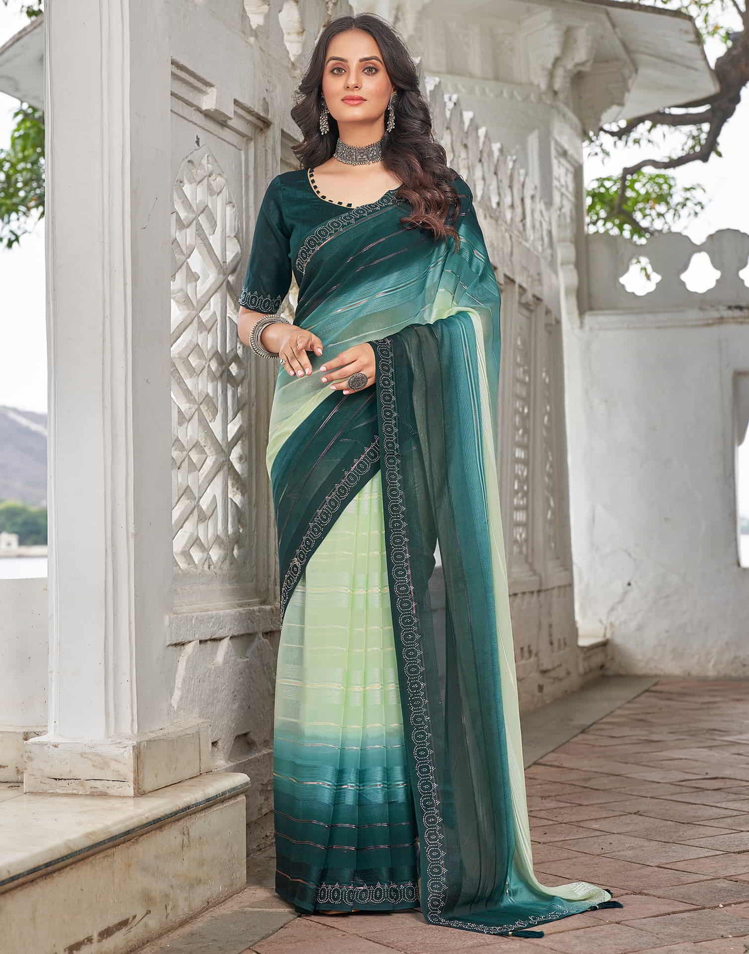 Green Swarovski Georgette Stone Work Saree