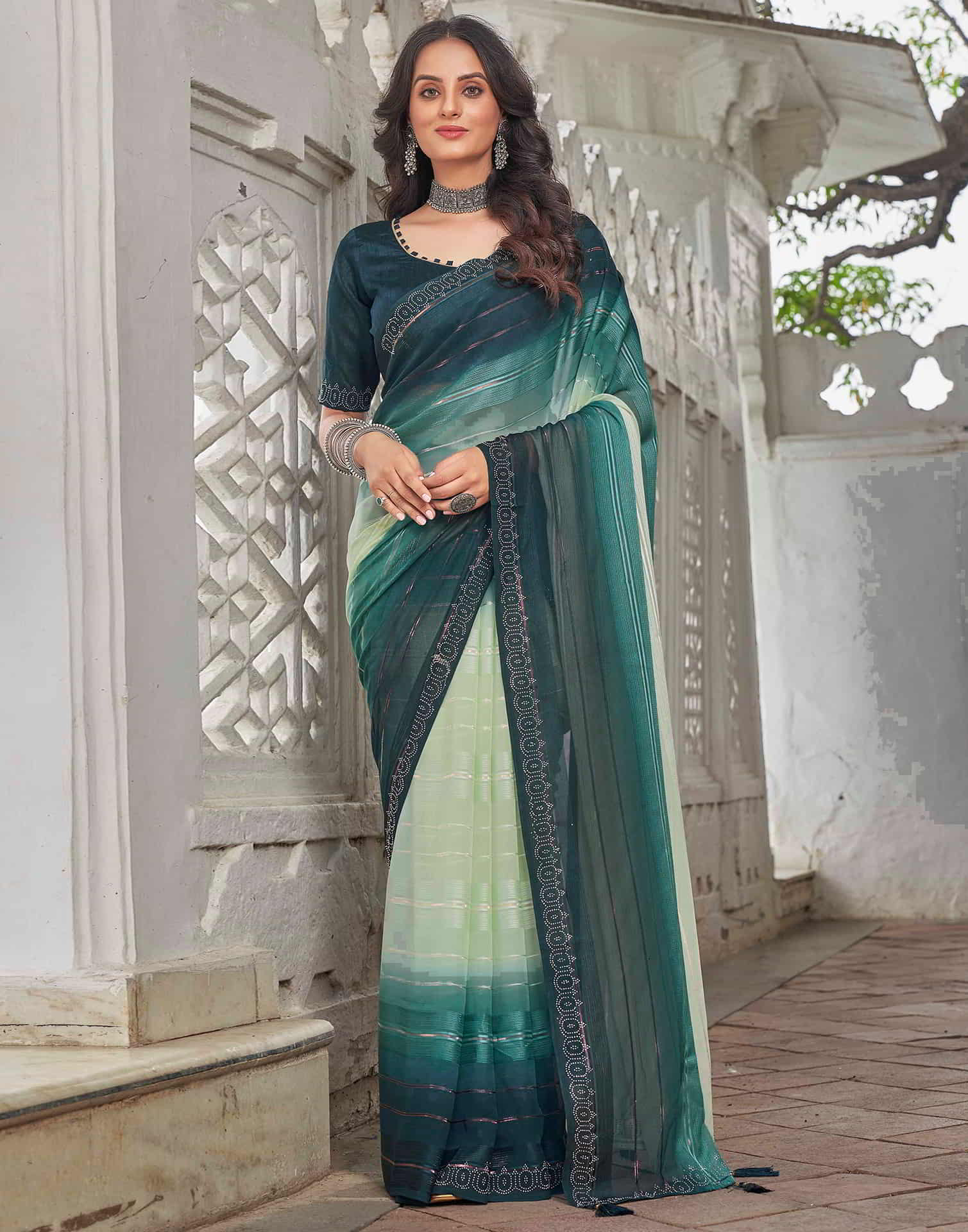 Green Swarovski Georgette Stone Work Saree