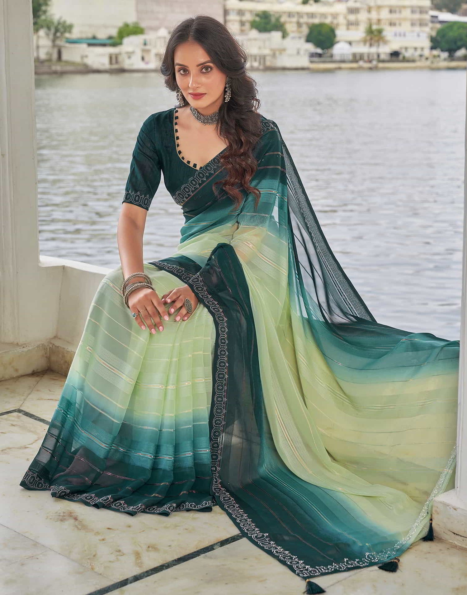 Green Swarovski Georgette Stone Work Saree