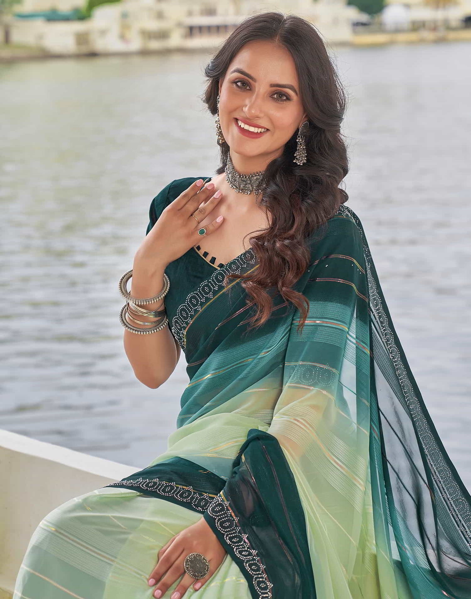 Green Swarovski Georgette Stone Work Saree