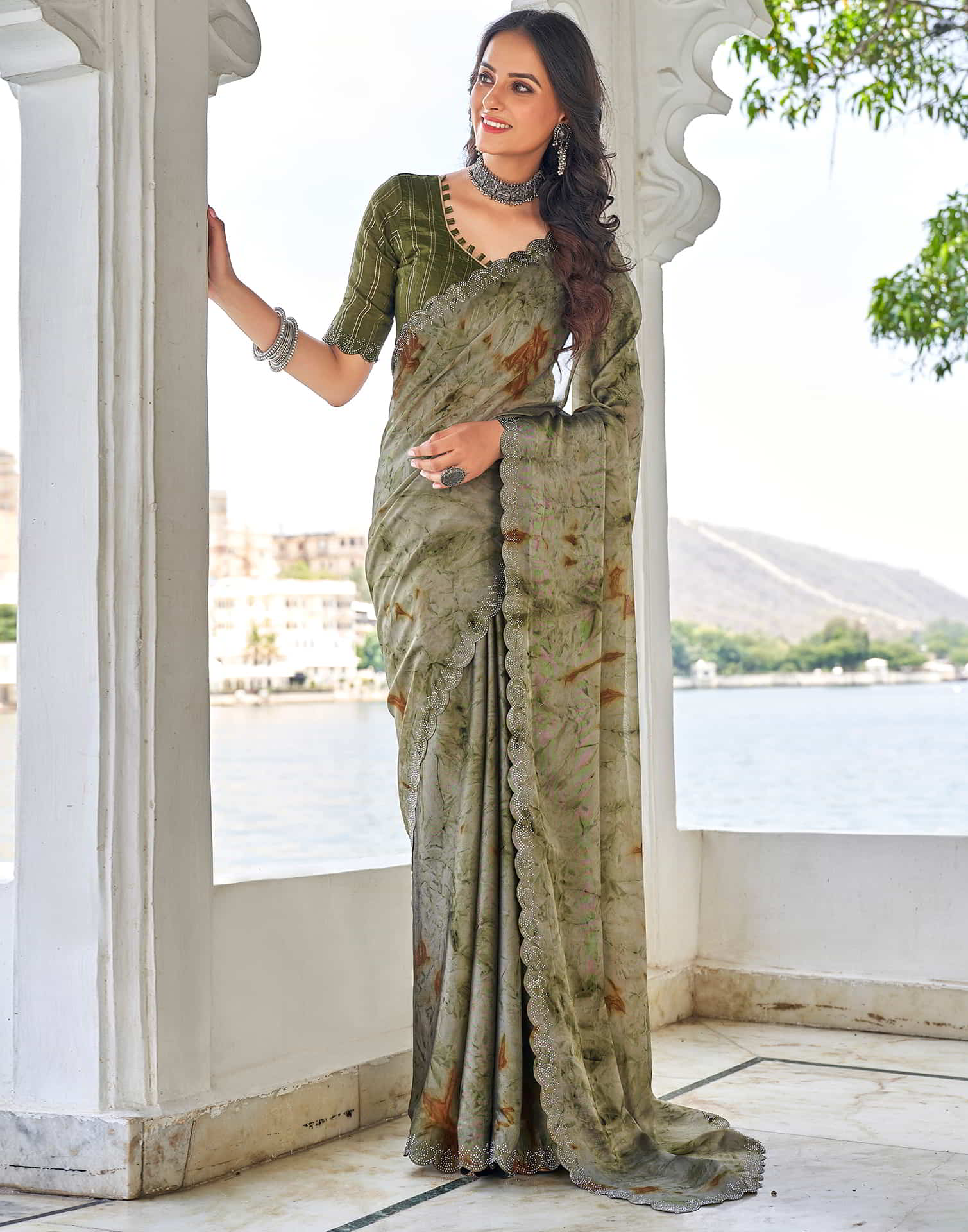 Green Printed Georgette Stone Work Saree