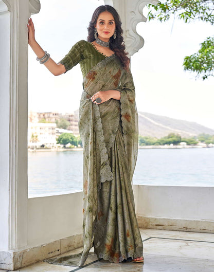 Green Printed Georgette Stone Work Saree