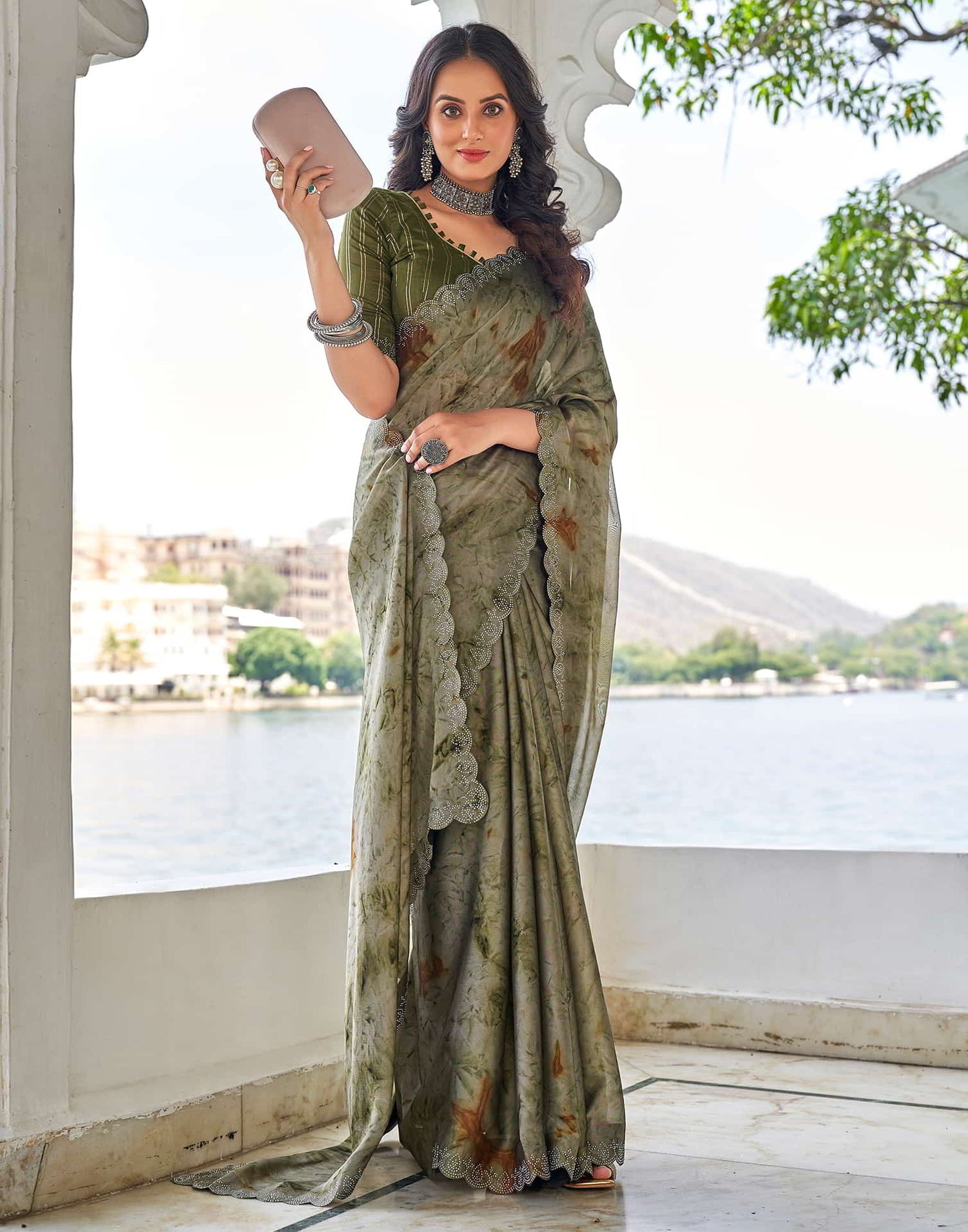 Green Printed Georgette Stone Work Saree