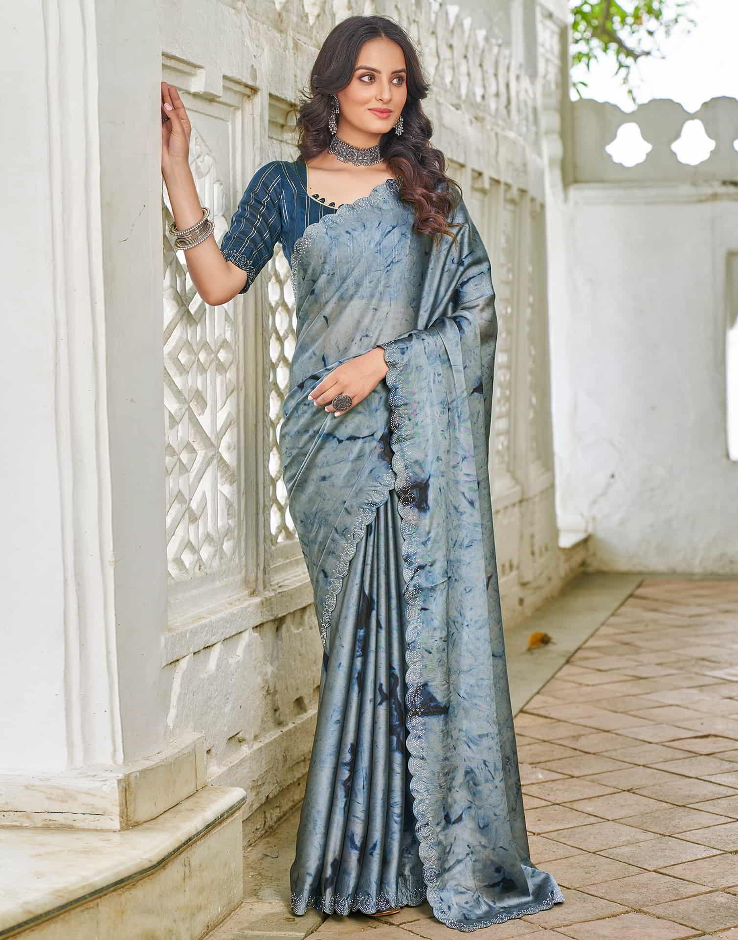 Blue Printed Georgette Stone Work Saree