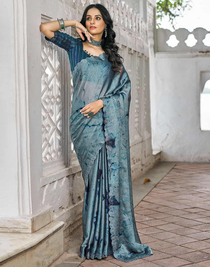 Blue Printed Georgette Stone Work Saree