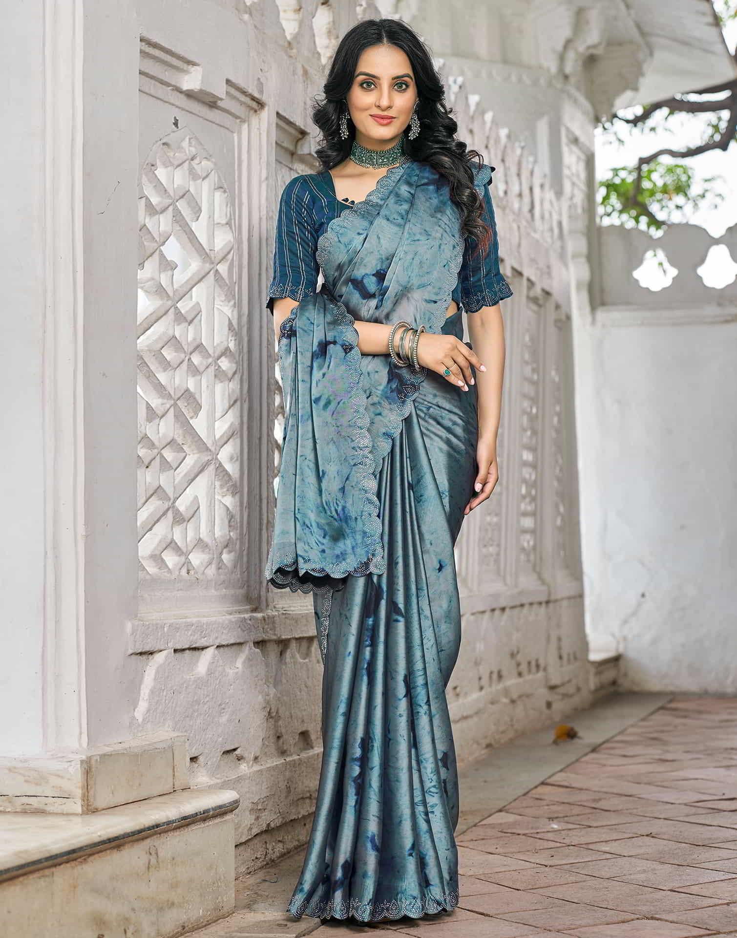 Blue Printed Georgette Stone Work Saree