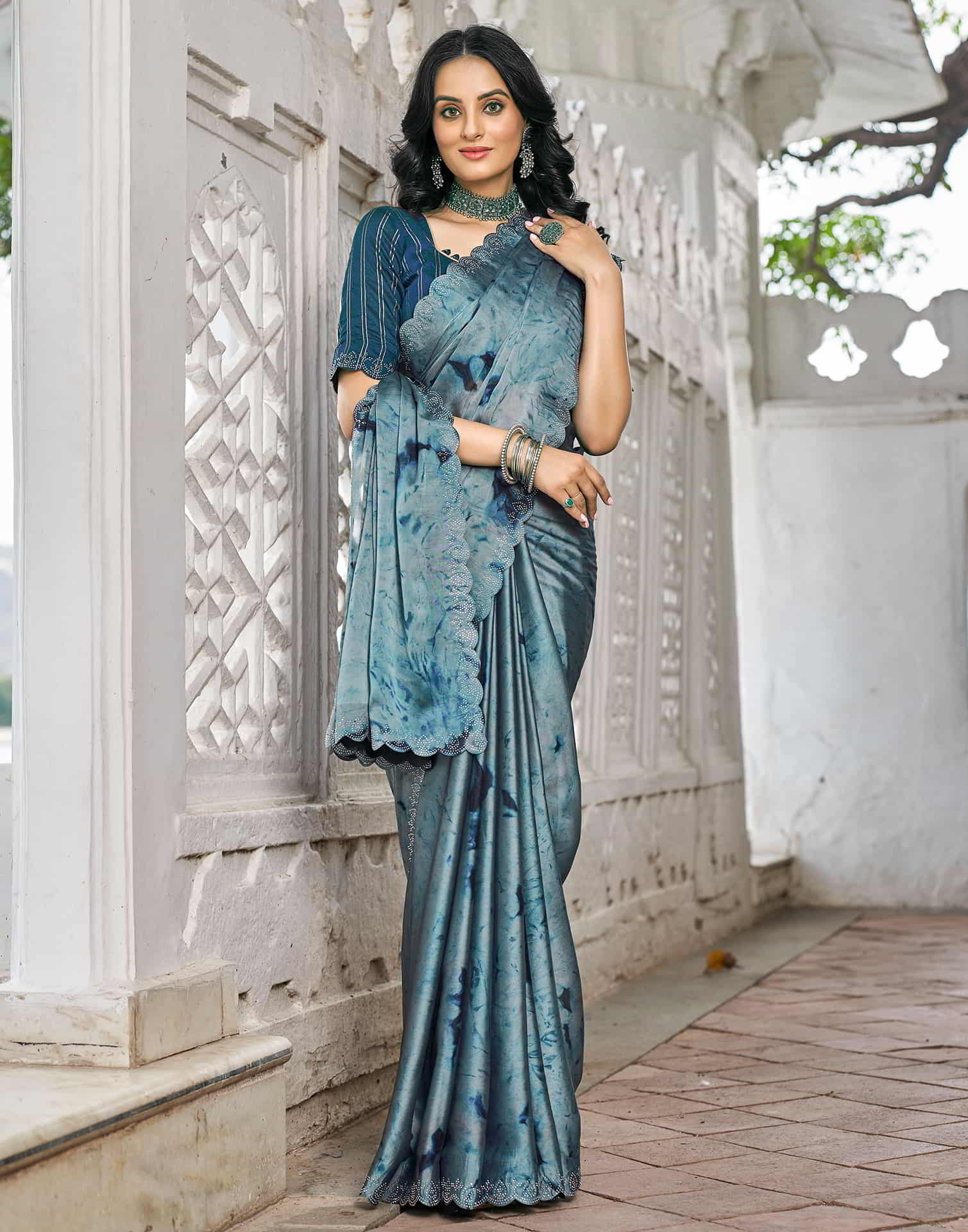 Blue Printed Georgette Stone Work Saree