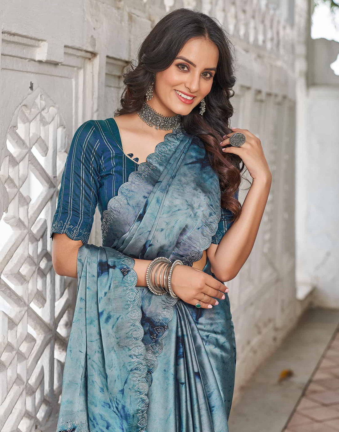 Blue Printed Georgette Stone Work Saree