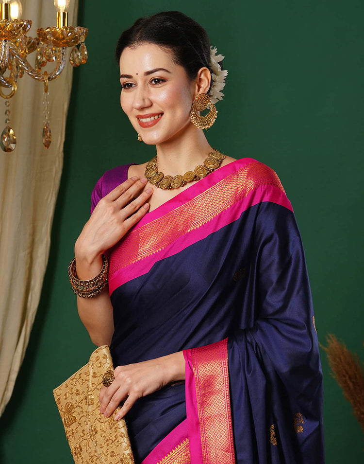 Navy Blue Silk Woven Kanjivaram Saree