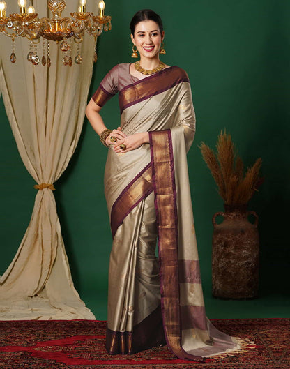 Beige Kanjivaram Silk Woven Saree