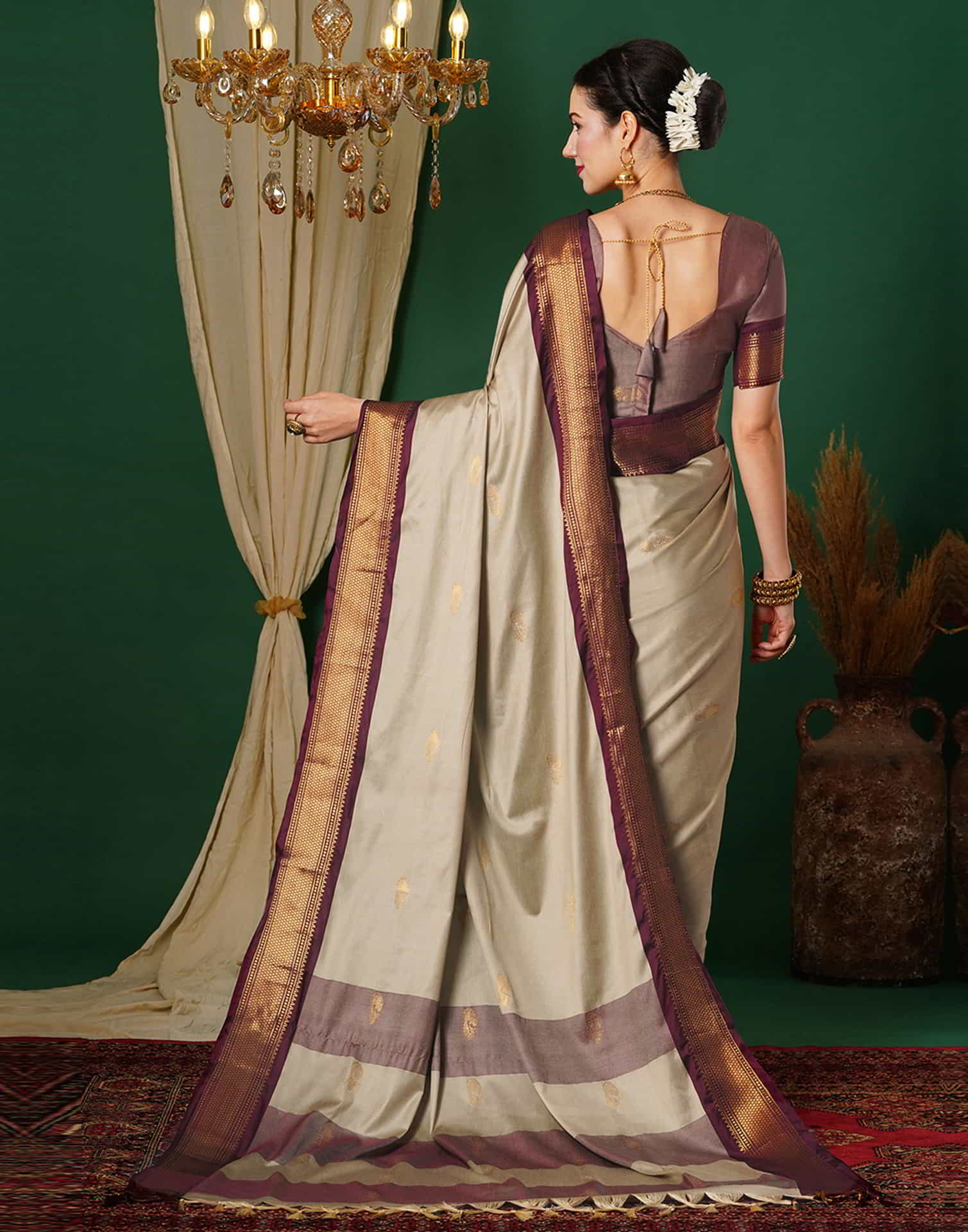 Beige Kanjivaram Silk Woven Saree