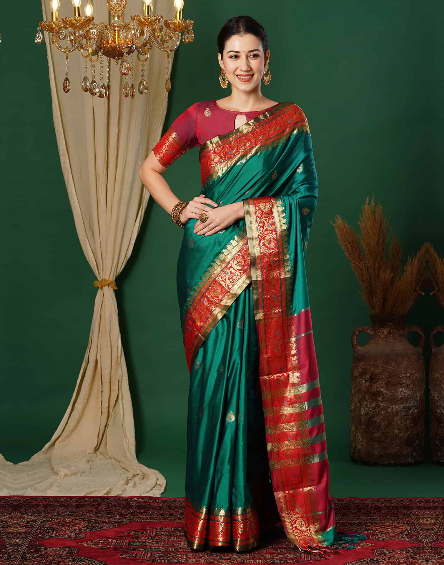 B1G1 Green Kanjivaram Silk Woven Saree