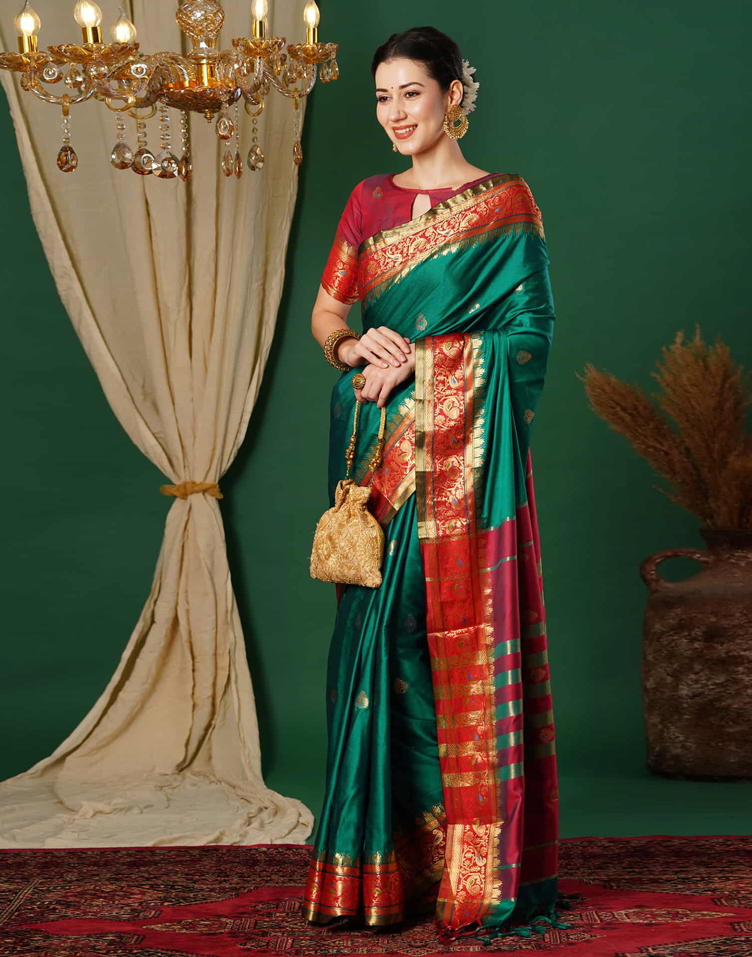 B1G1 Green Kanjivaram Silk Woven Saree